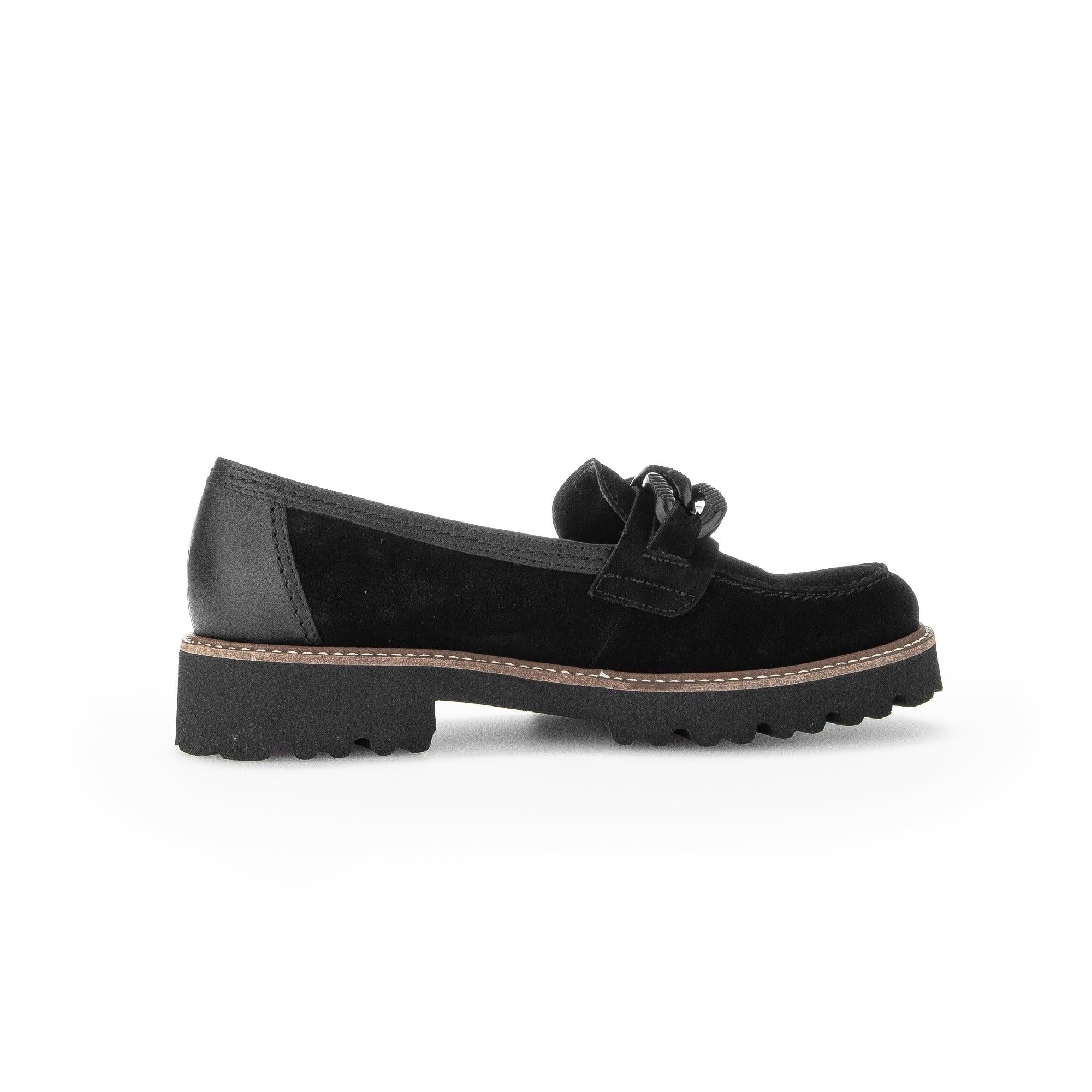 Gabor Ladies Black Suede Slip-On Loafers with chunky rubber sole and bow detail.