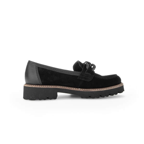 Gabor Ladies Black Suede Slip-On Loafers with chunky rubber sole and bow detail.