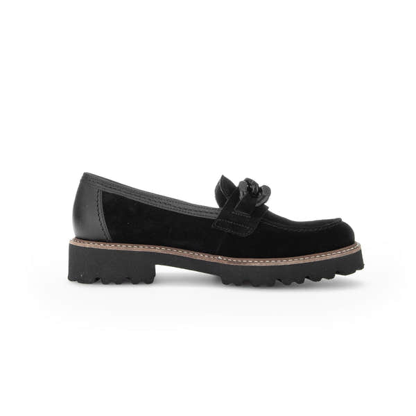 Gabor women's black suede slip-on loafer with chunky sole, decorative bow detail, and classic design.