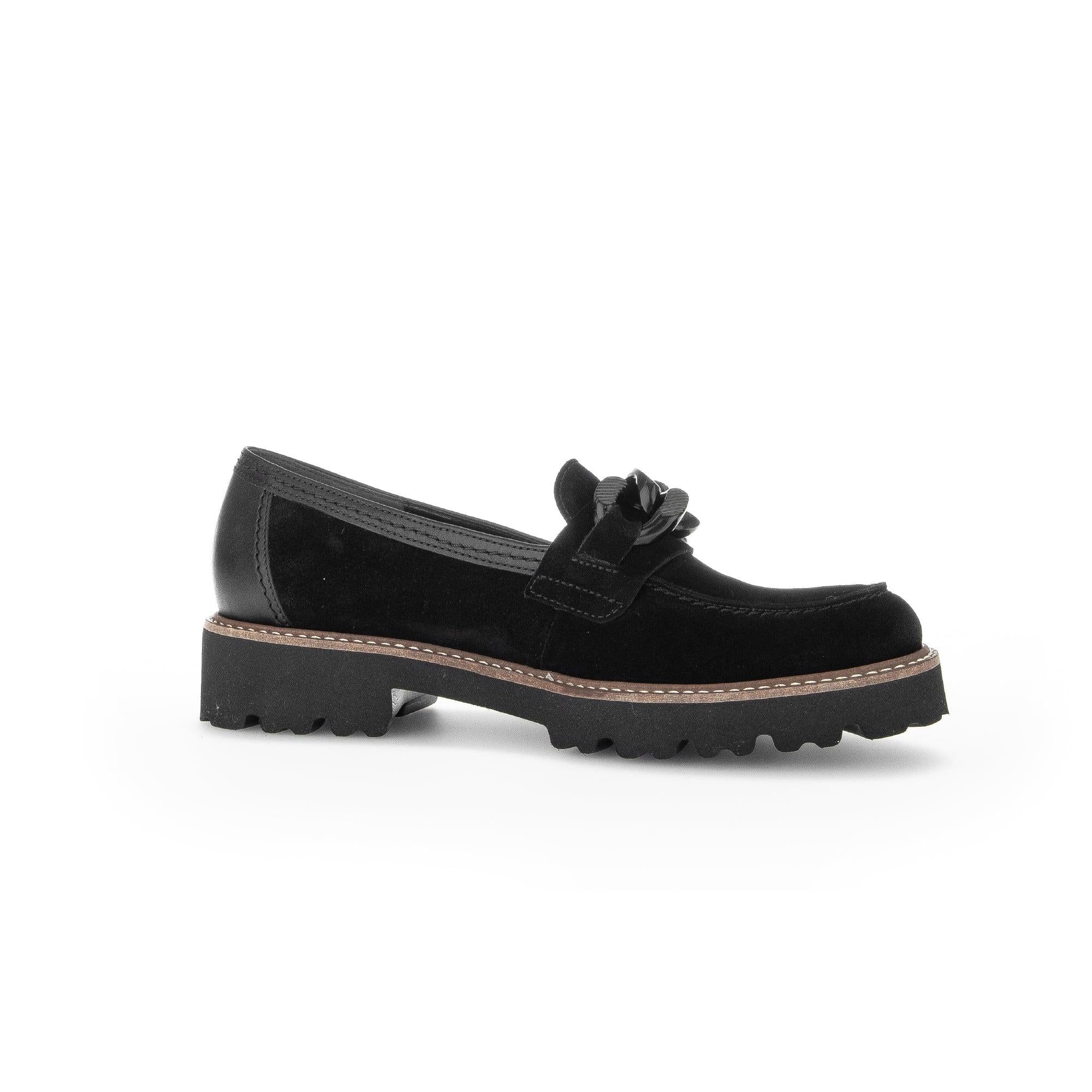 Gabor women's black suede slip-on loafers with bow detail, chunky sole, and casual, stylish design.