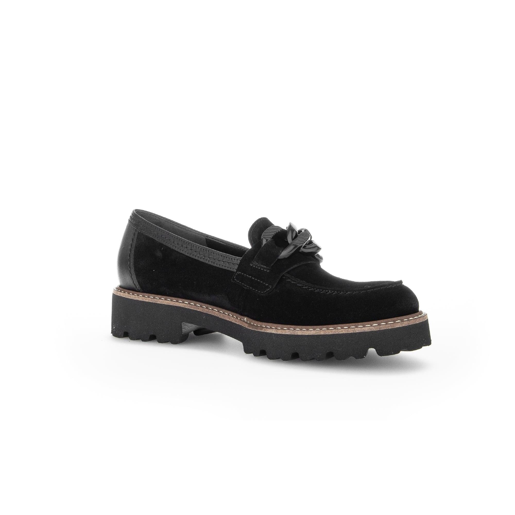 Gabor Ladies Black Suede Slip-On Loafers with chunky rubber sole and decorative bow, stylish casual footwear.