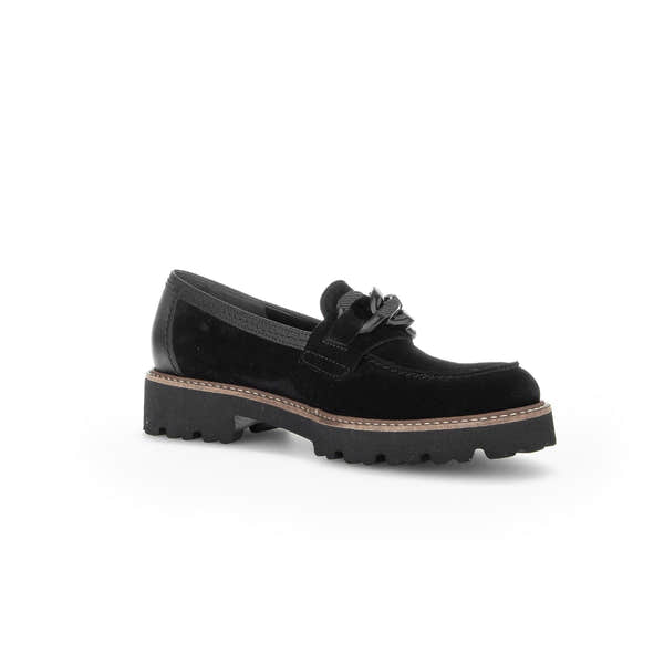Gabor Ladies Black Suede Slip-On Loafers with chunky rubber sole and decorative bow, stylish casual footwear.