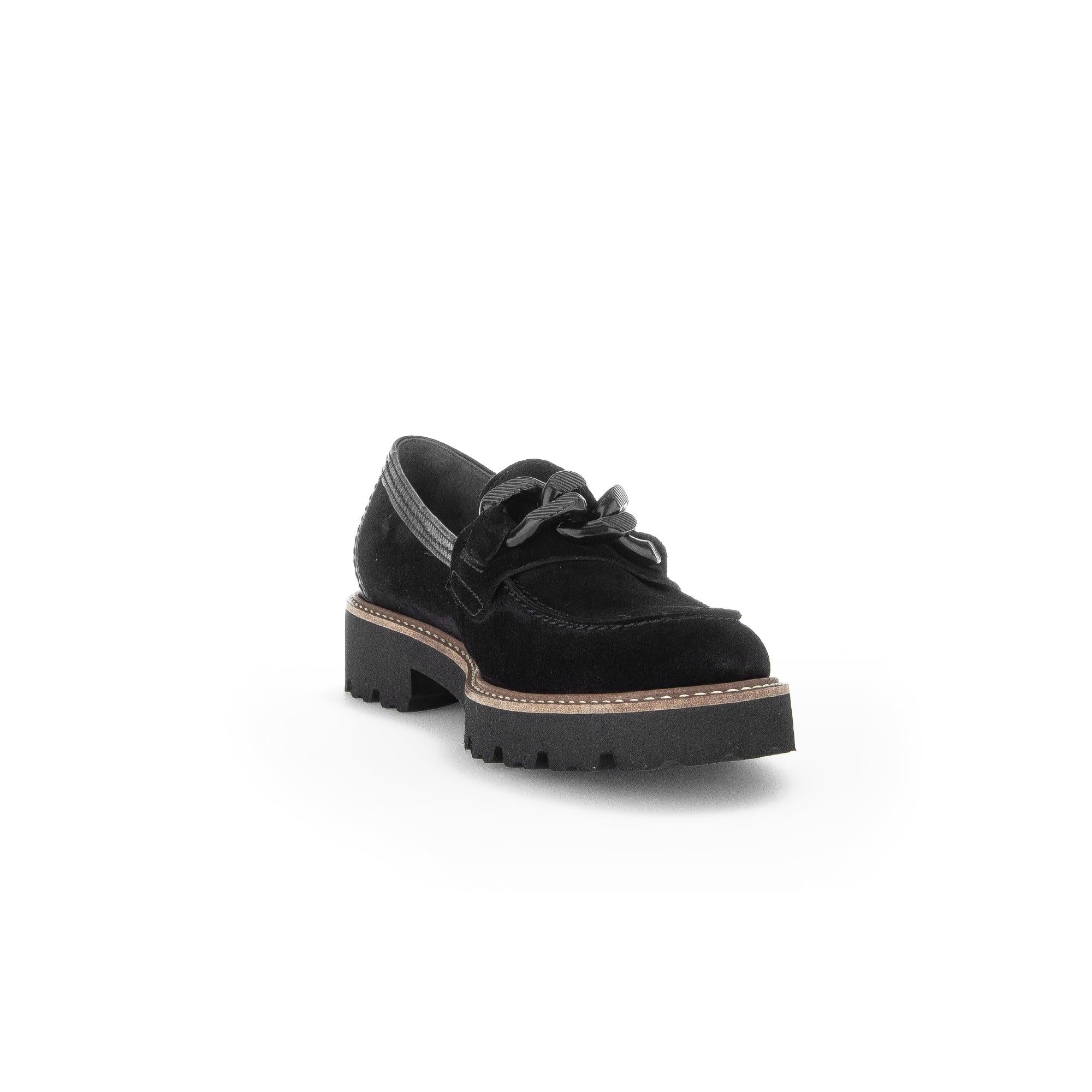 Gabor women's black suede slip-on loafers with chunky sole, lace detail, and stylish design.