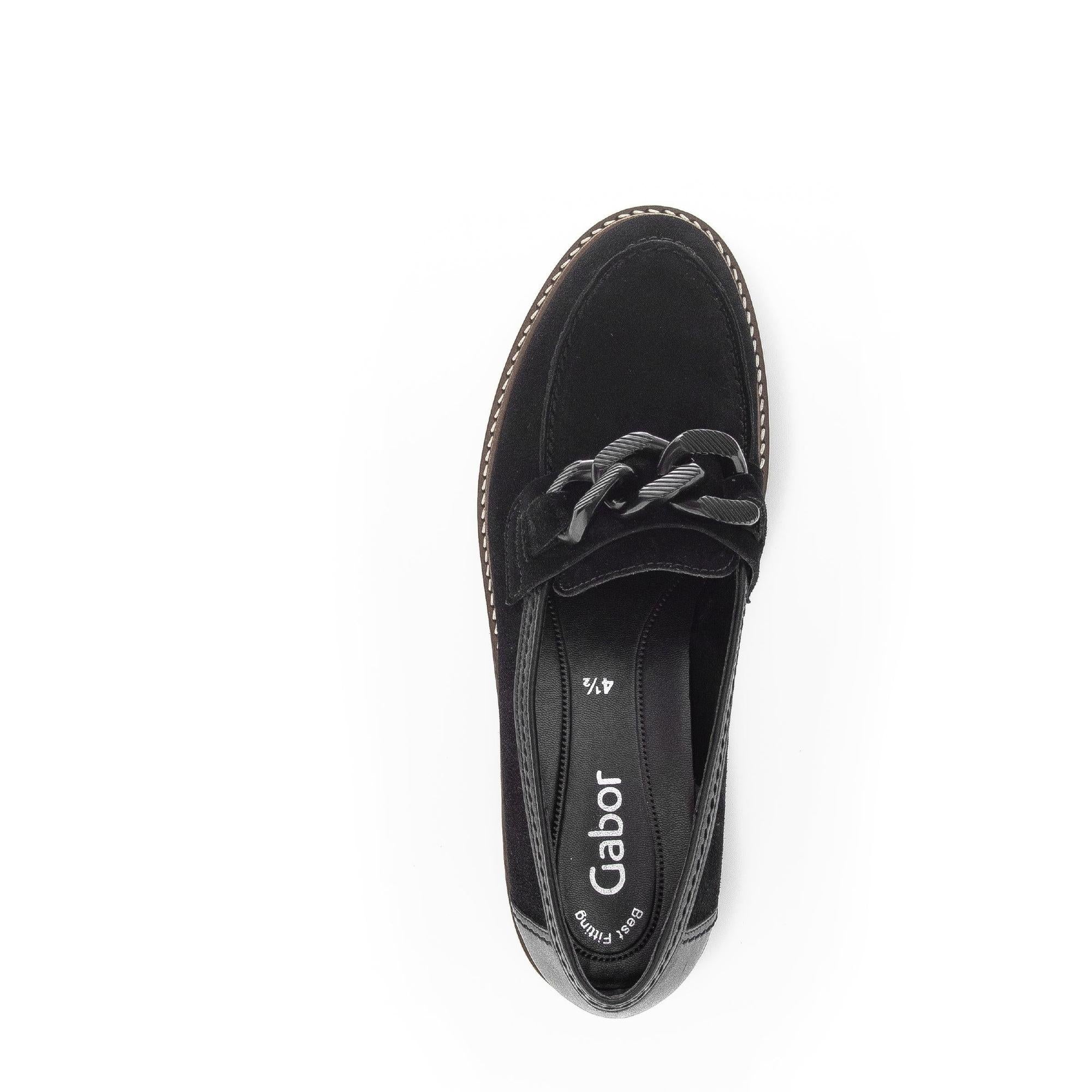 Gabor ladies' black suede slip-on loafers with decorative chain detail, comfortable flat design, and stitched sole.