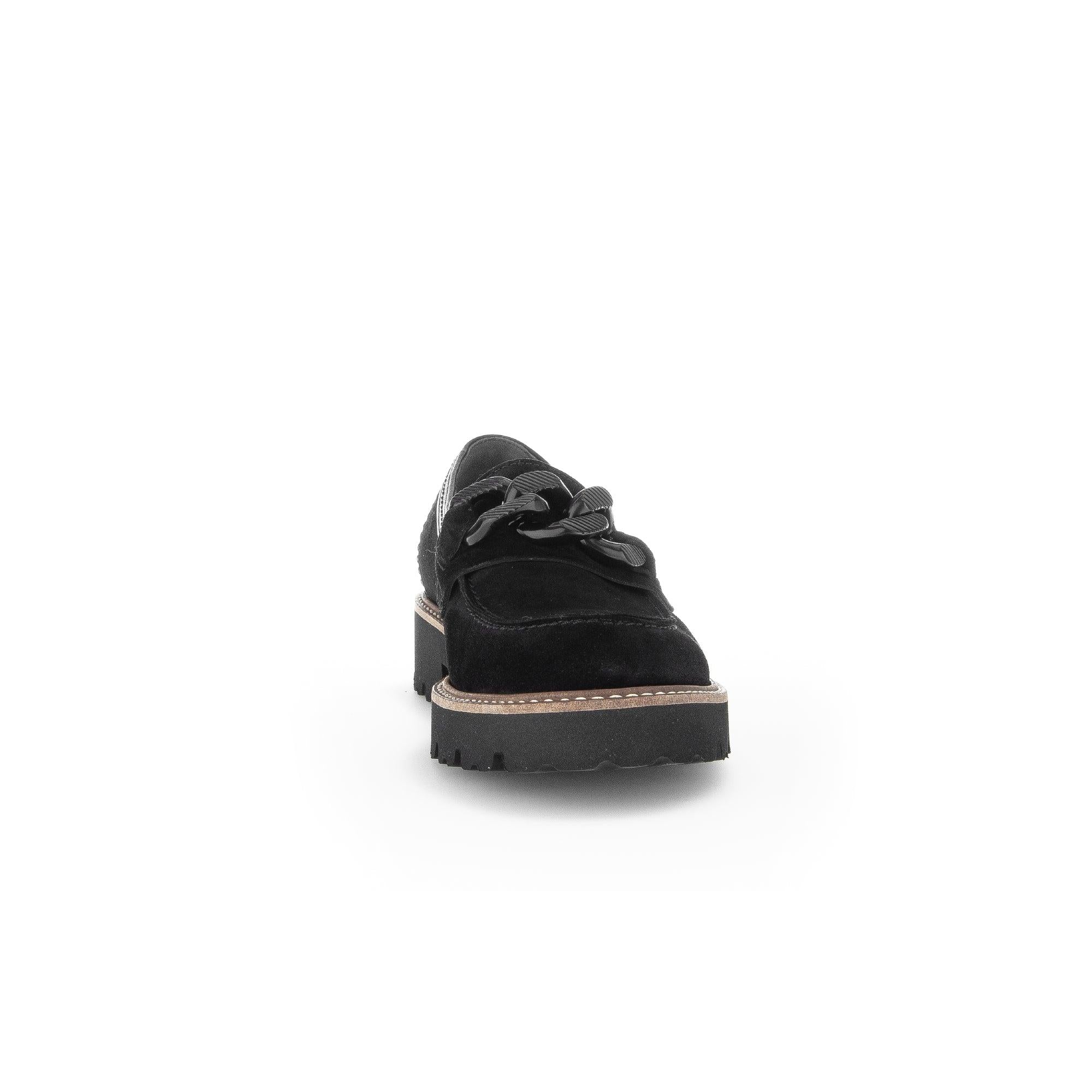 Gabor women's black suede slip-on loafers with chunky heel and rugged rubber sole, stylish and comfortable footwear.