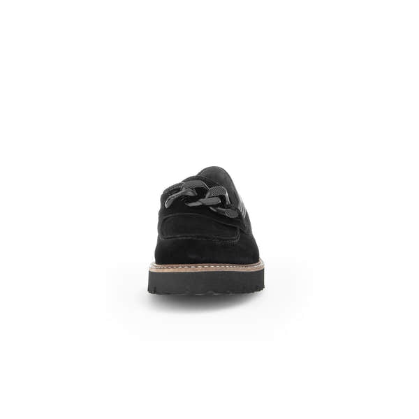 Gabor ladies' black suede slip-on loafer with bow detail, chunky sole, and casual slip-on design.