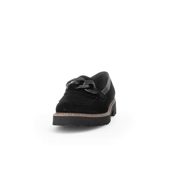 Gabor black suede slip-on loafers for women with chunky sole and decorative bow detail.