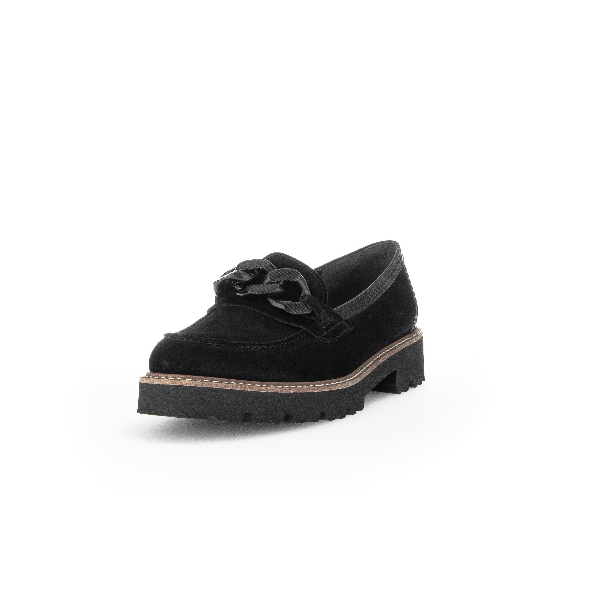 Gabor Ladies Black Suede Slip-On Loafers with chunky heel and decorative laces, stylish and comfortable footwear option.
