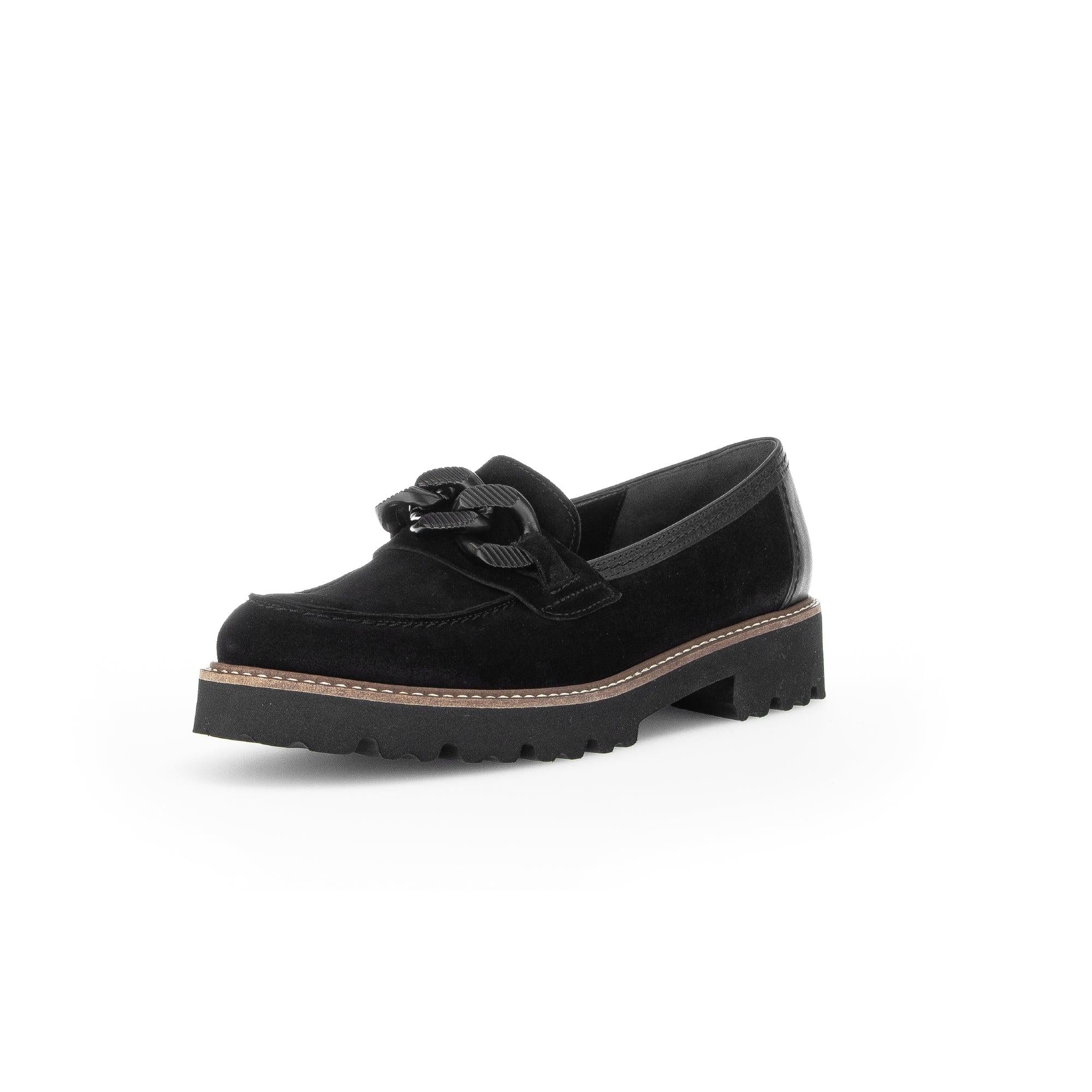 Gabor ladies' black suede slip-on loafers with bow detail, chunky platform sole, and almond toe for stylish comfort.