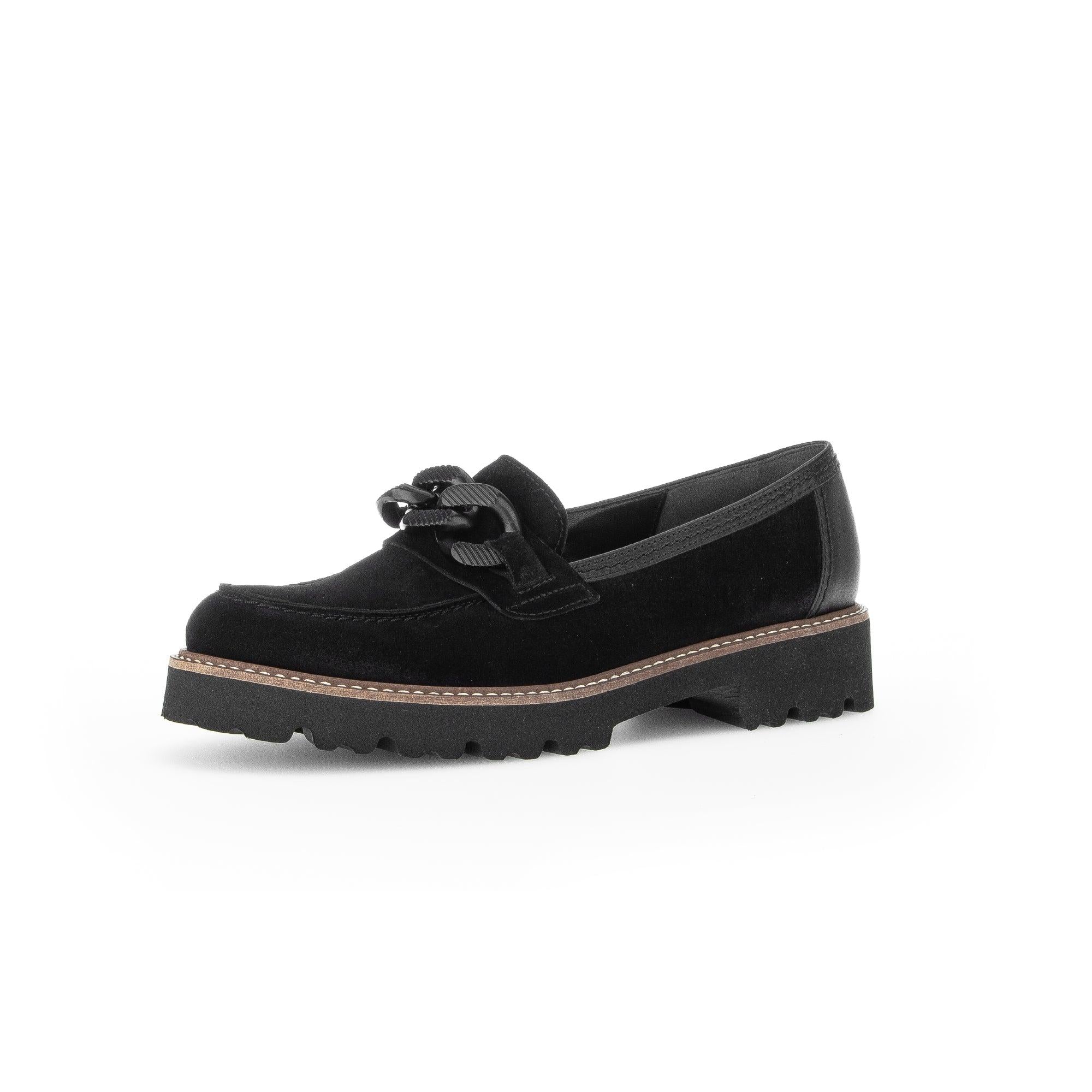 Gabor Ladies Black Suede Slip-On Loafers with decorative bow, chunky sole, and stitched detailing.