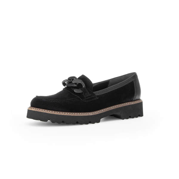 Gabor Ladies Black Suede Slip-On Loafers with decorative bow, chunky sole, and stitched detailing.