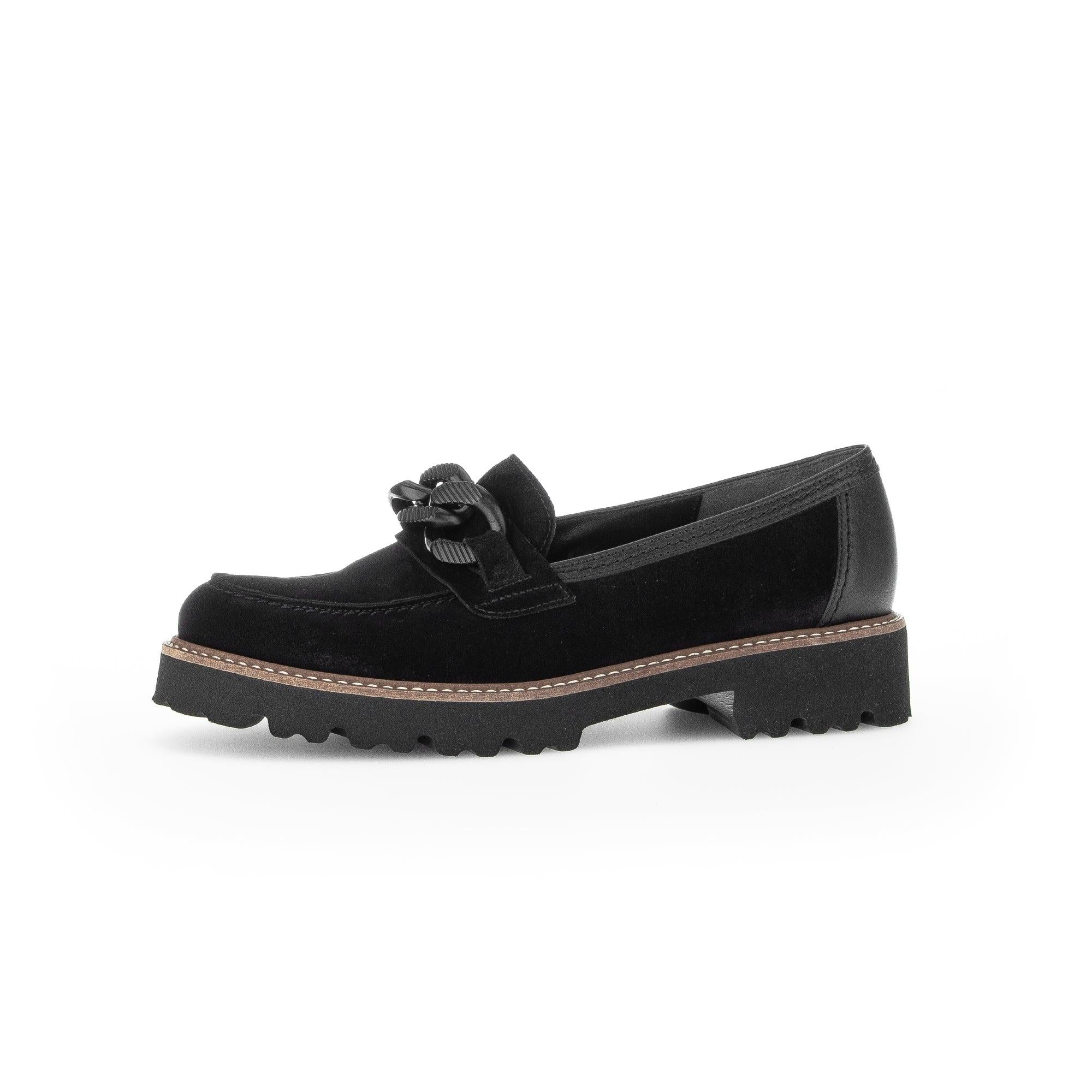 Gabor women's black suede slip-on loafers with lace-up detail and rugged rubber sole.