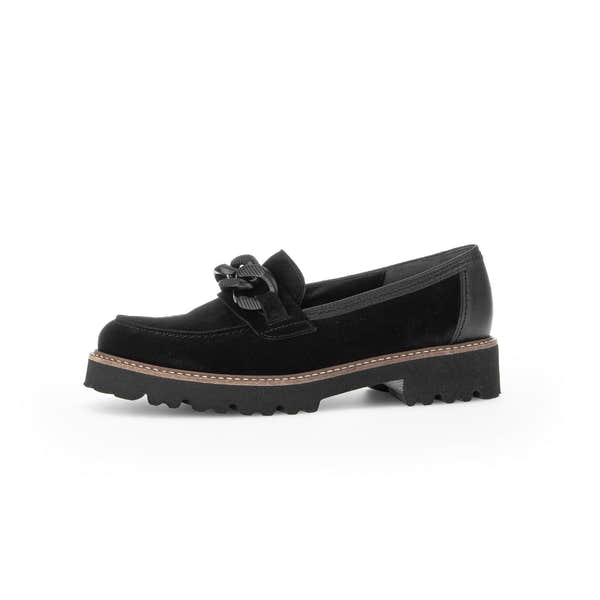 Gabor women's black suede slip-on loafers with lace-up detail and rugged rubber sole.