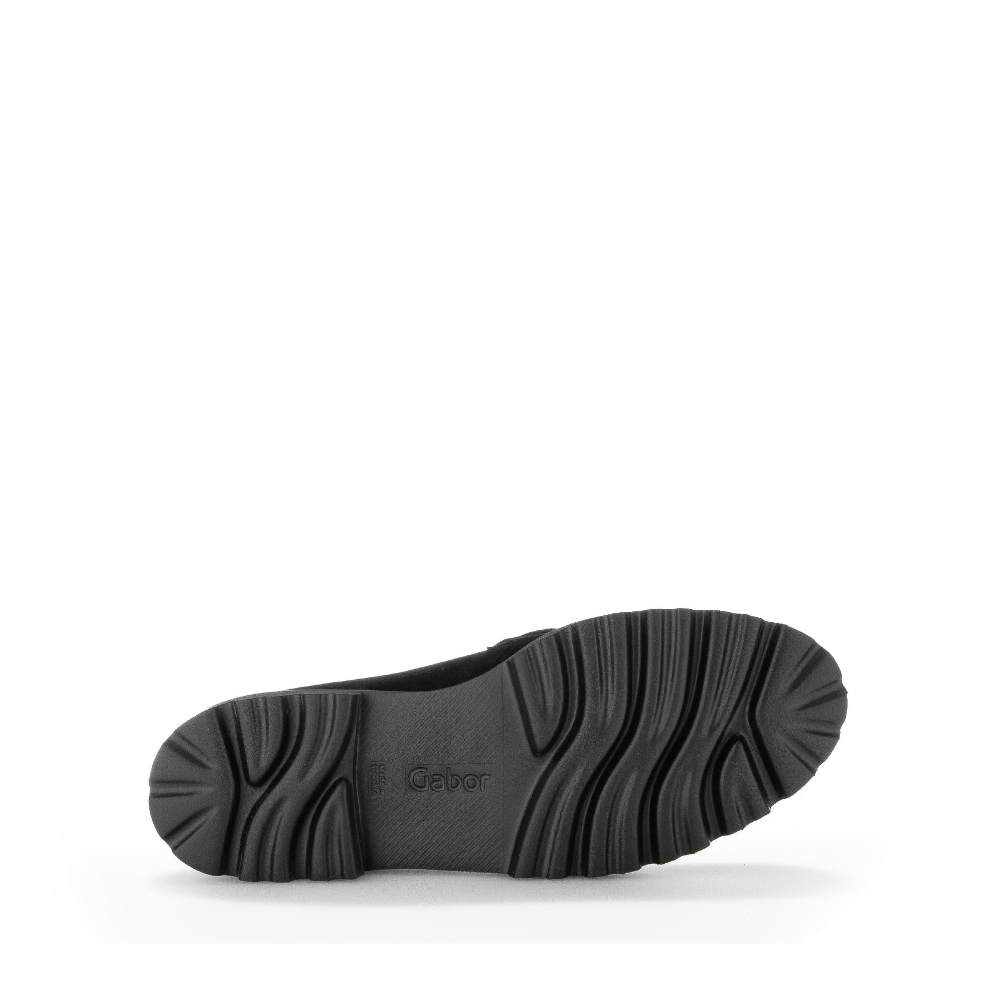 Gabor Ladies Black Suede Slip-On Loafers with cushioned sole and textured outsole, perfect for casual wear.