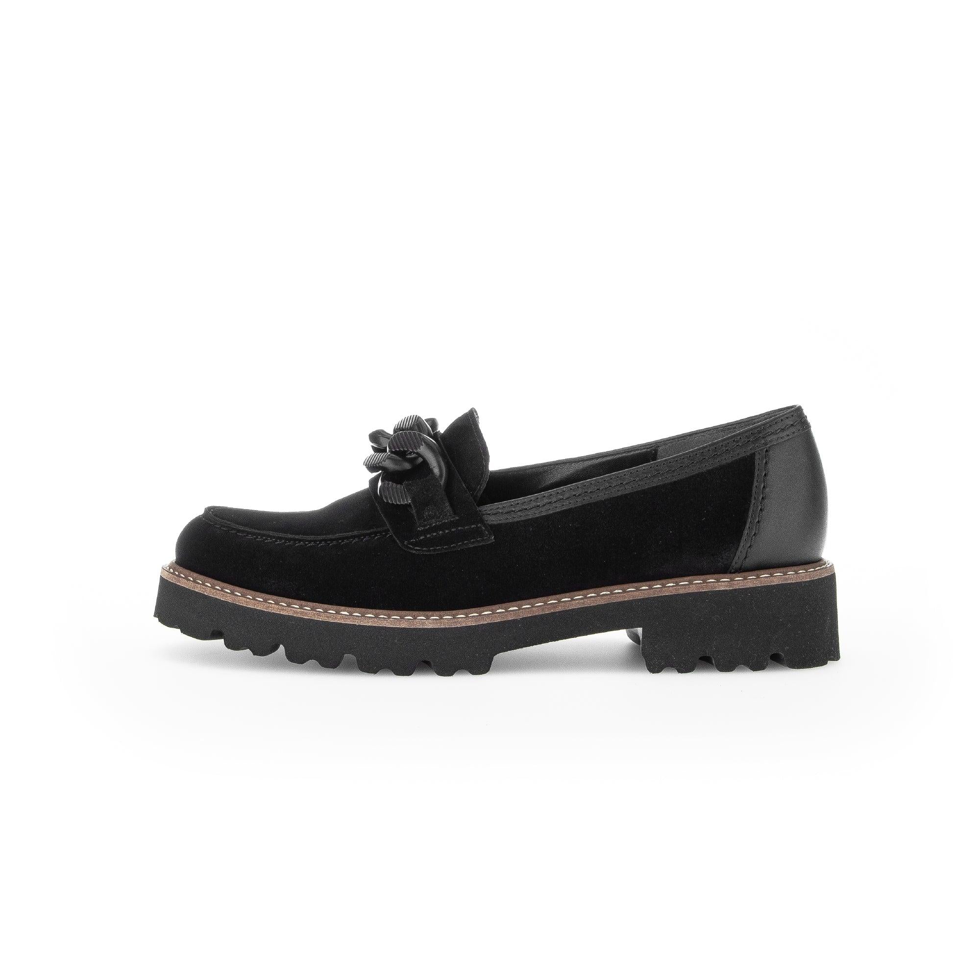 Gabor Ladies Black Suede Slip-On Loafers with Bow Detail and Chunky Sole for Casual Comfort