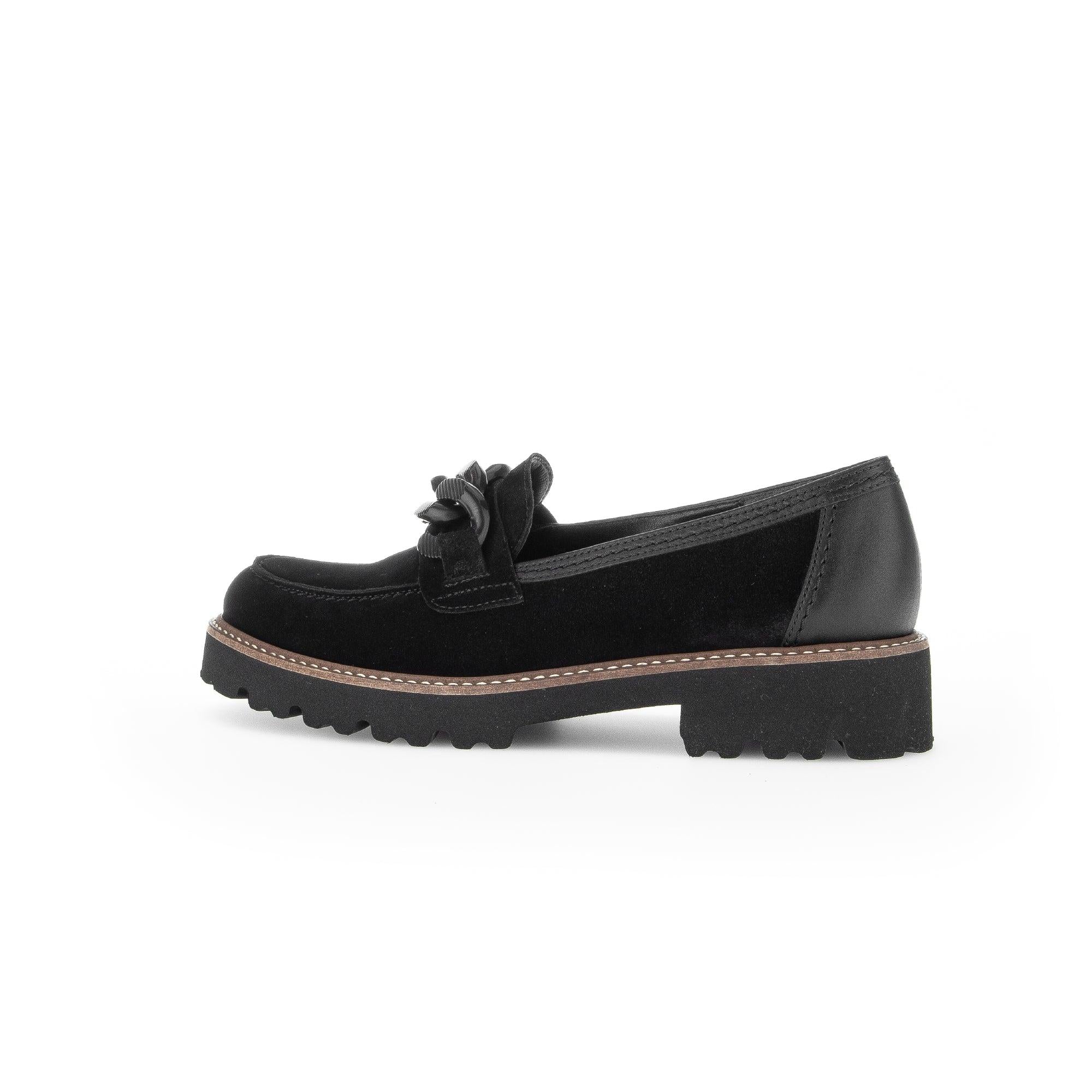 Gabor ladies' black suede slip-on loafers with bow detail, chunky rubber sole, and leather accents.