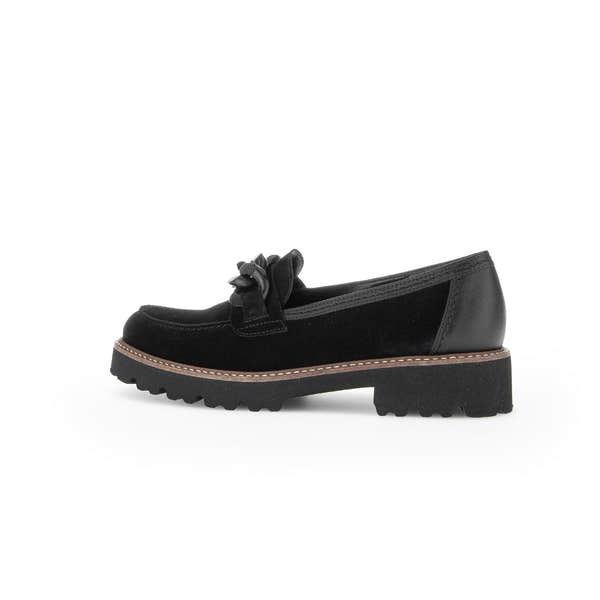 Gabor ladies' black suede slip-on loafers with bow detail, chunky rubber sole, and leather accents.