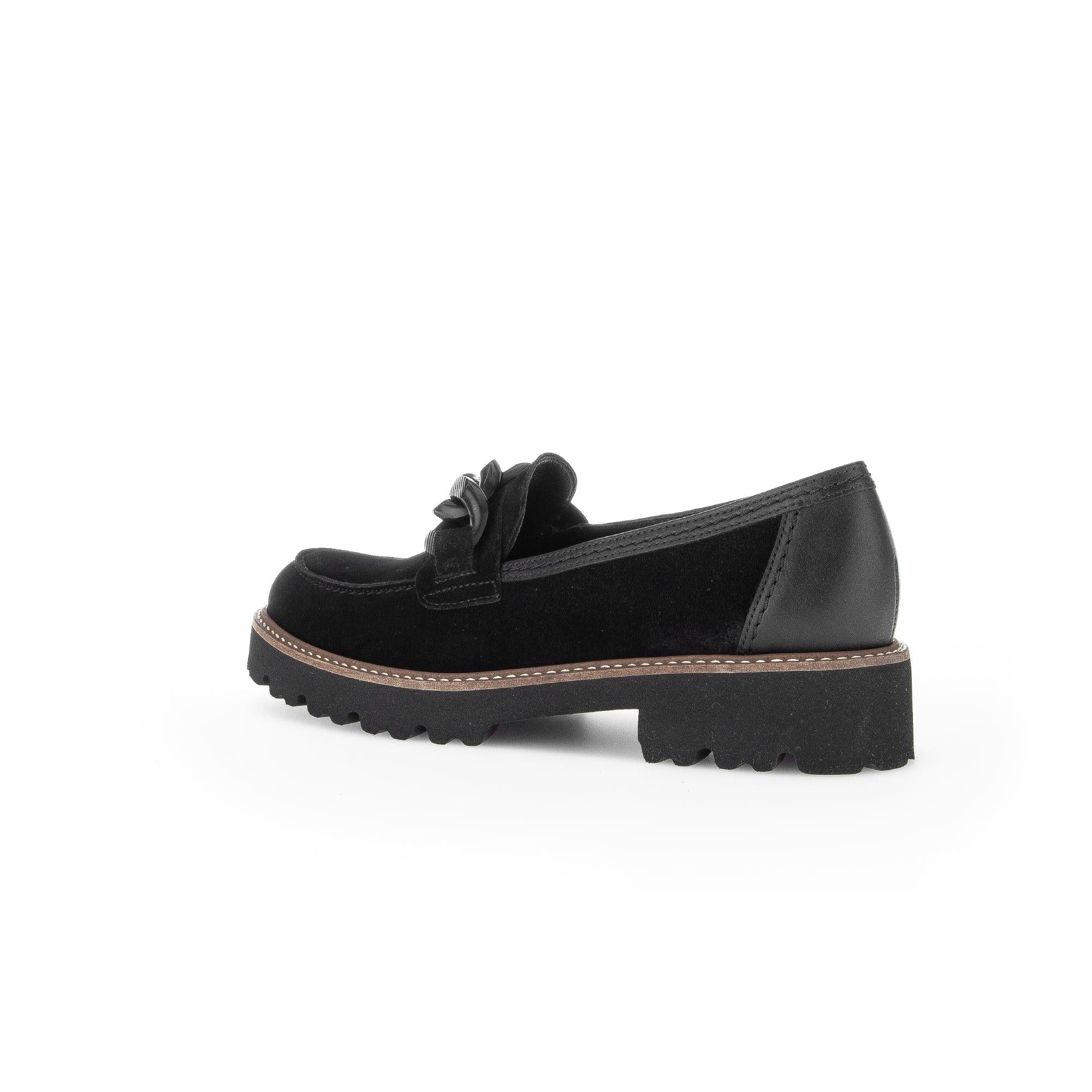 Gabor Ladies Black Suede Slip-On Loafers with bow detail, chunky sole, and leather accents.