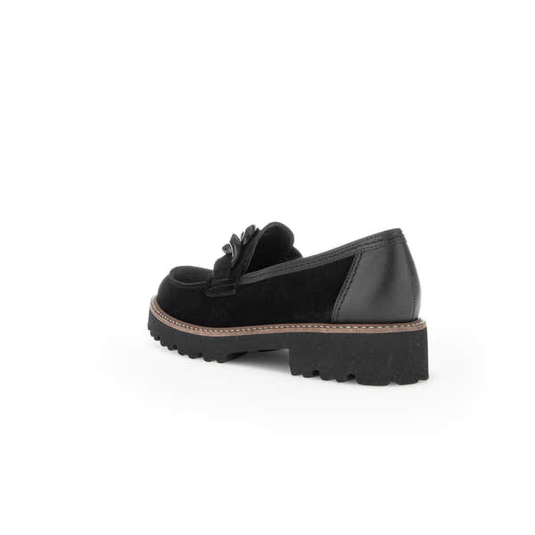 Gabor women's black suede slip-on loafers with chunky sole and decorative bow, stylish and comfortable footwear.