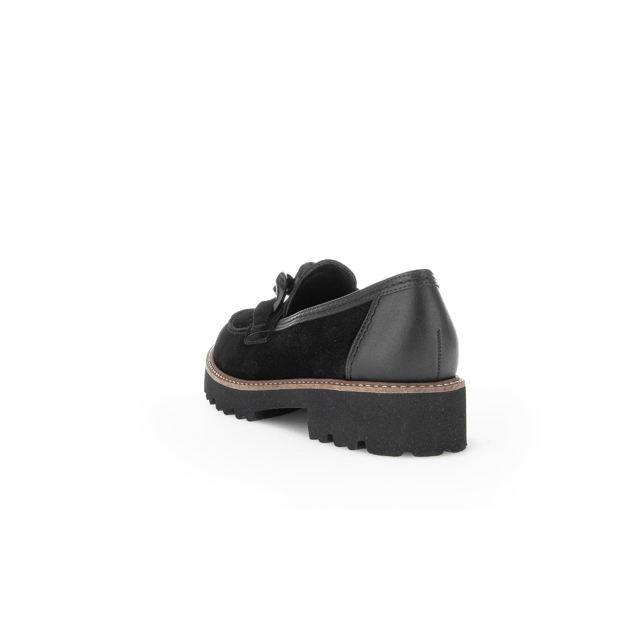 Gabor Ladies Black Suede Slip-On Loafers with Chunky Sole and Leather Detailing, stylish and comfortable for women.