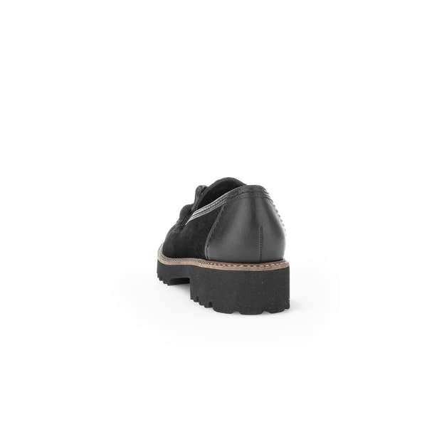 Gabor Ladies' Black Suede Slip-On Loafers with chunky rubber sole, stylish and comfortable footwear.