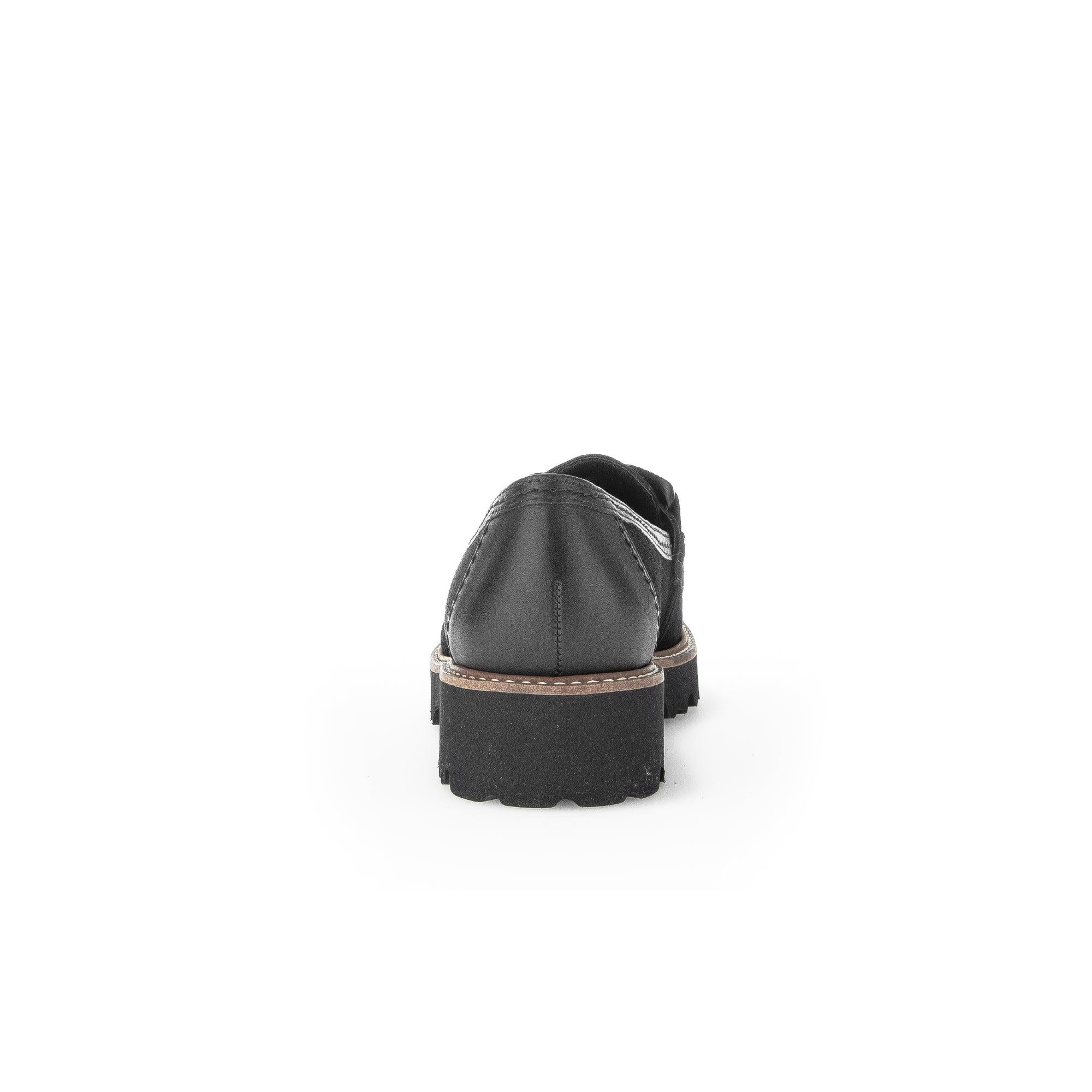 Gabor women's black suede slip-on loafers with chunky rubber sole and stylish stitching details.