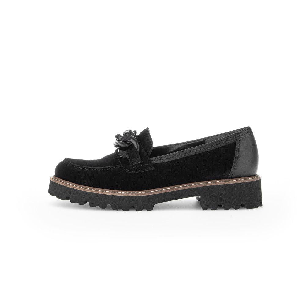 Gabor women's black suede slip-on loafers with chunky sole, lace-up detail, and leather accents.