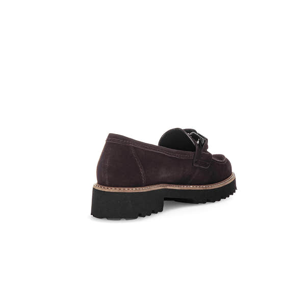 Gabor Ladies Chocolate Brown Suede Slip-On Loafers with chunky black rubber sole and buckle detail.