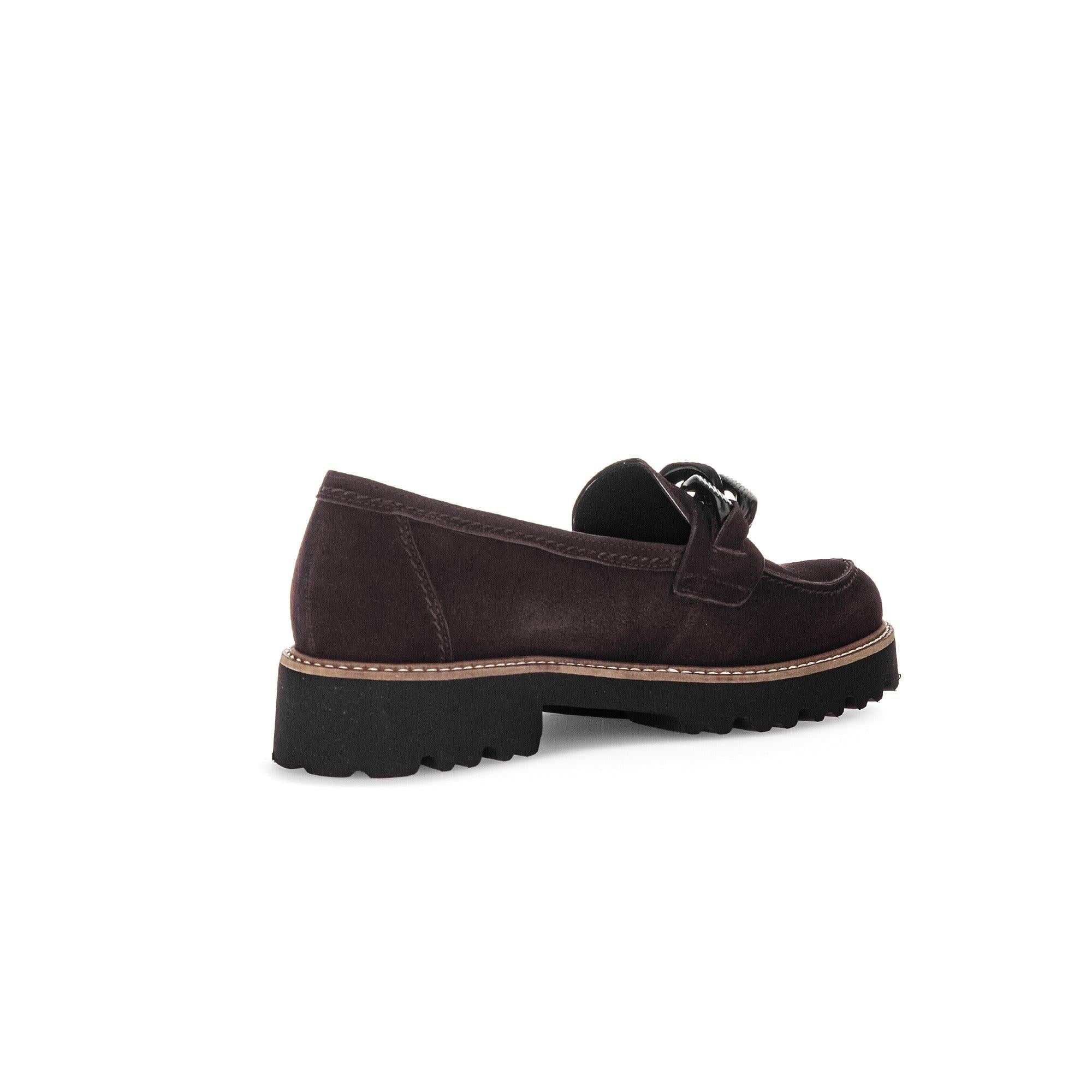 Gabor 75.240.38 women’s chocolate brown suede slip-on loafers with chunky sole and moc toe design.