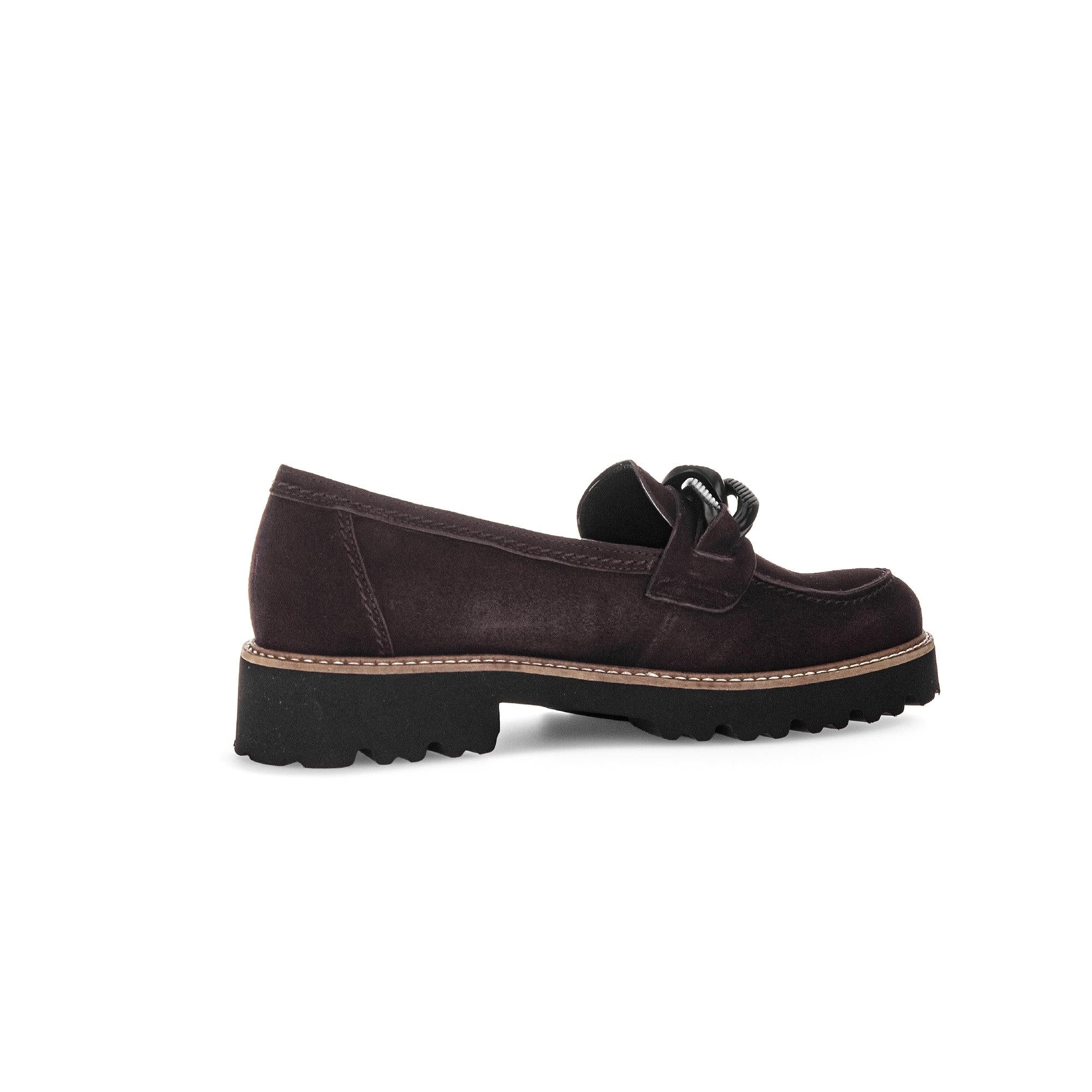 Gabor 75.240.38 women's chocolate brown suede slip-on loafers with chunky rubber sole and bow detail.