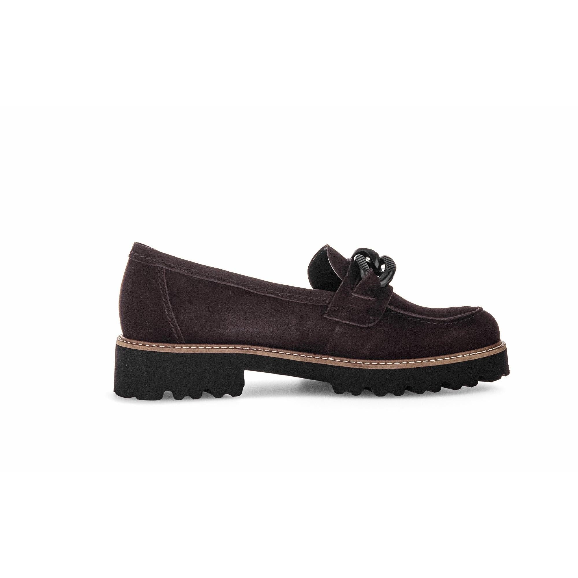 Gabor women's chocolate brown suede slip-on loafers with chunky rubber sole and decorative chain detail.
