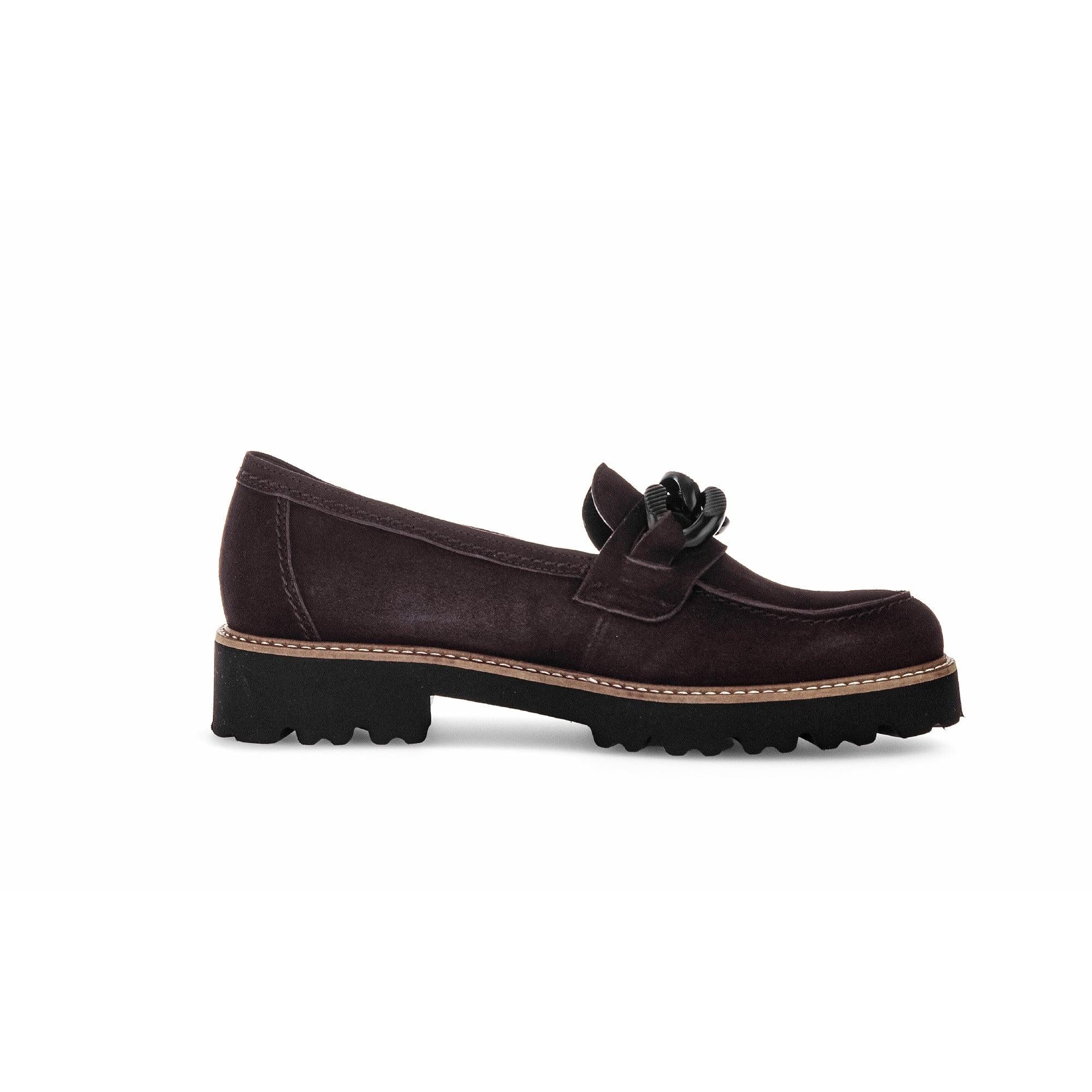 Gabor ladies' chocolate brown suede slip-on loafers with lace-up detail and chunky tread sole.