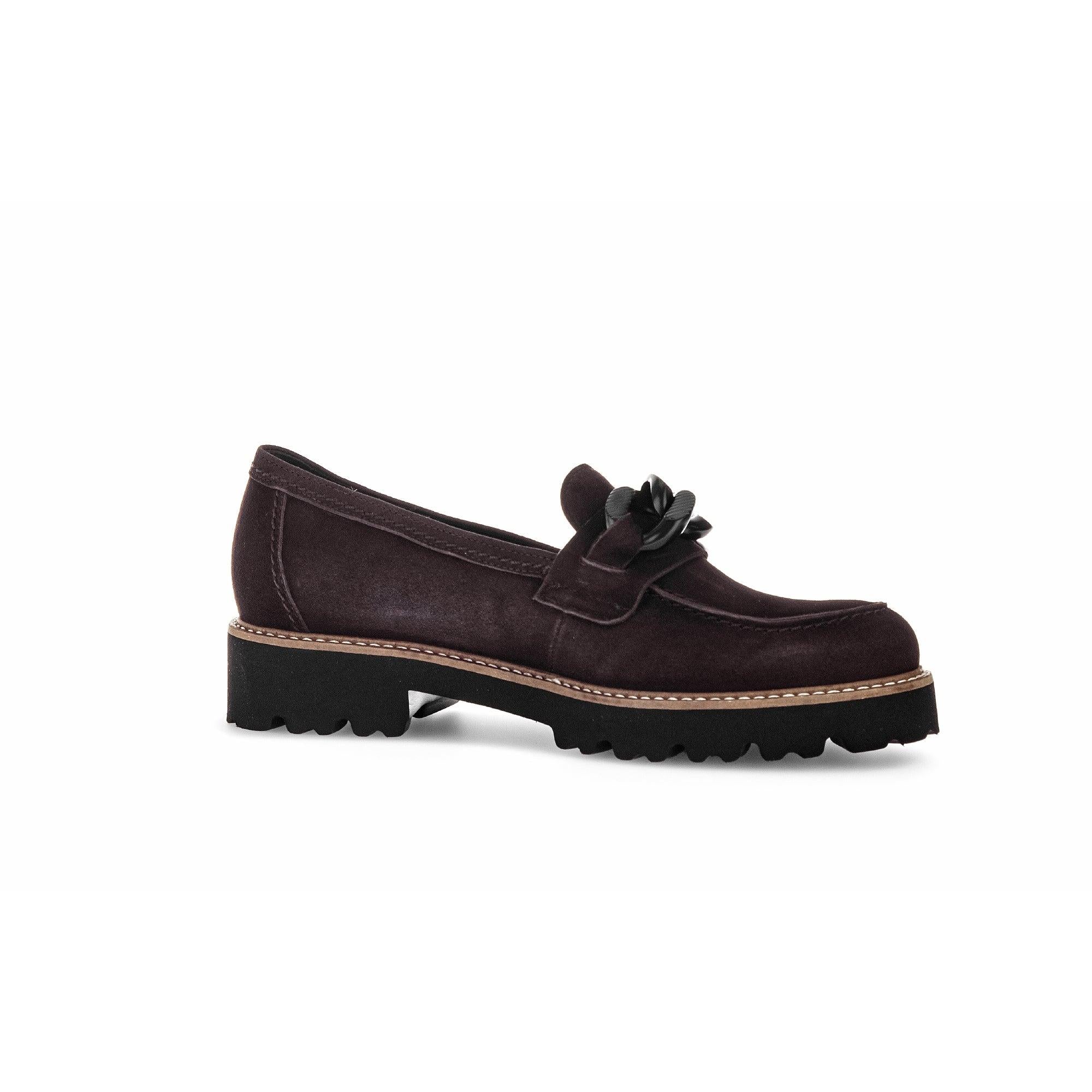 Gabor Ladies Chocolate Brown Suede Slip-On Loafers with decorative bow and rugged black sole.