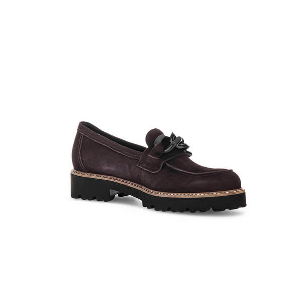 Gabor Ladies Chocolate Brown Suede Slip-On Loafers with a chunky black sole and decorative bow, stylish and comfortable footwear.