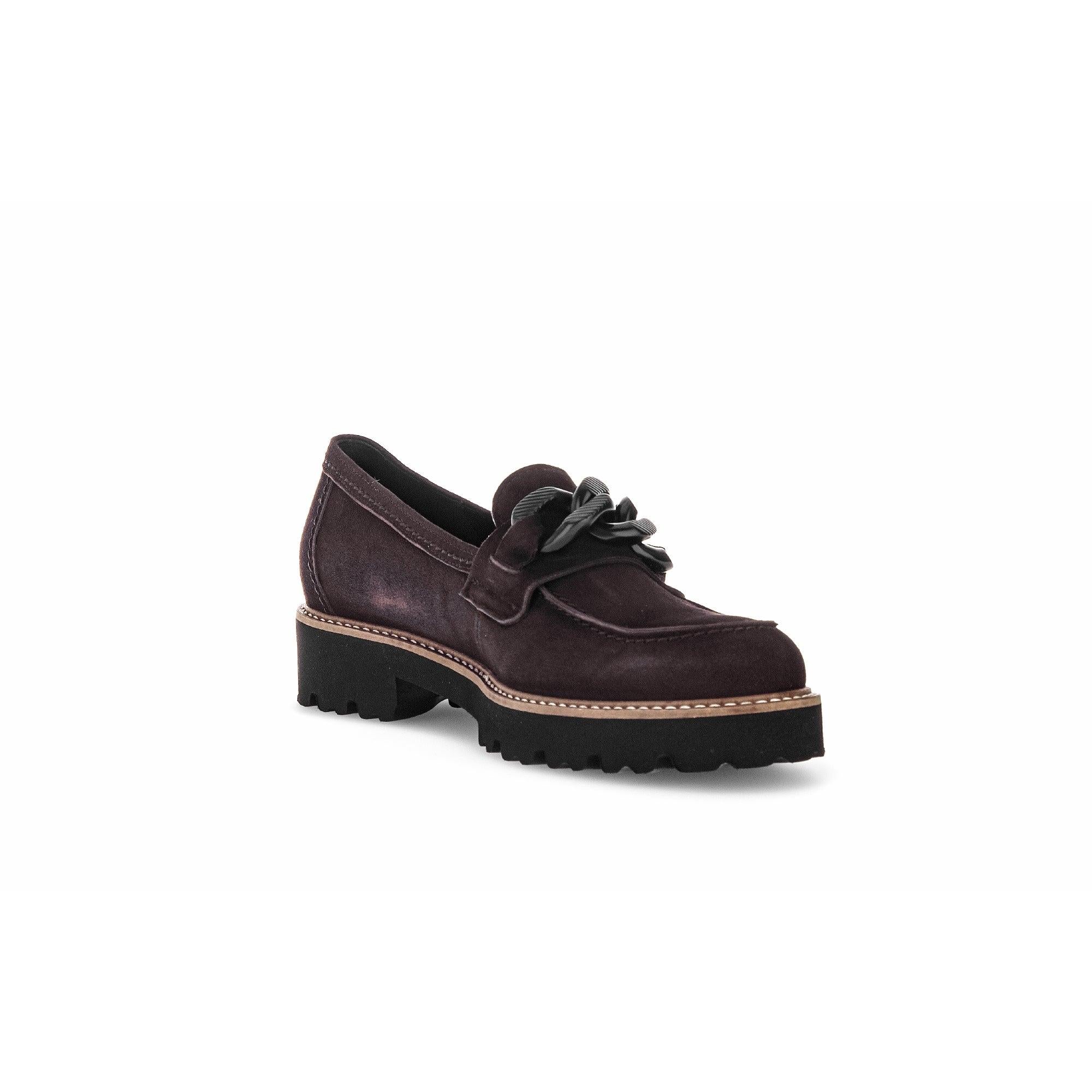 Gabor Ladies' Chocolate Brown Suede Slip-On Loafers with chunky sole and black chain detail design.