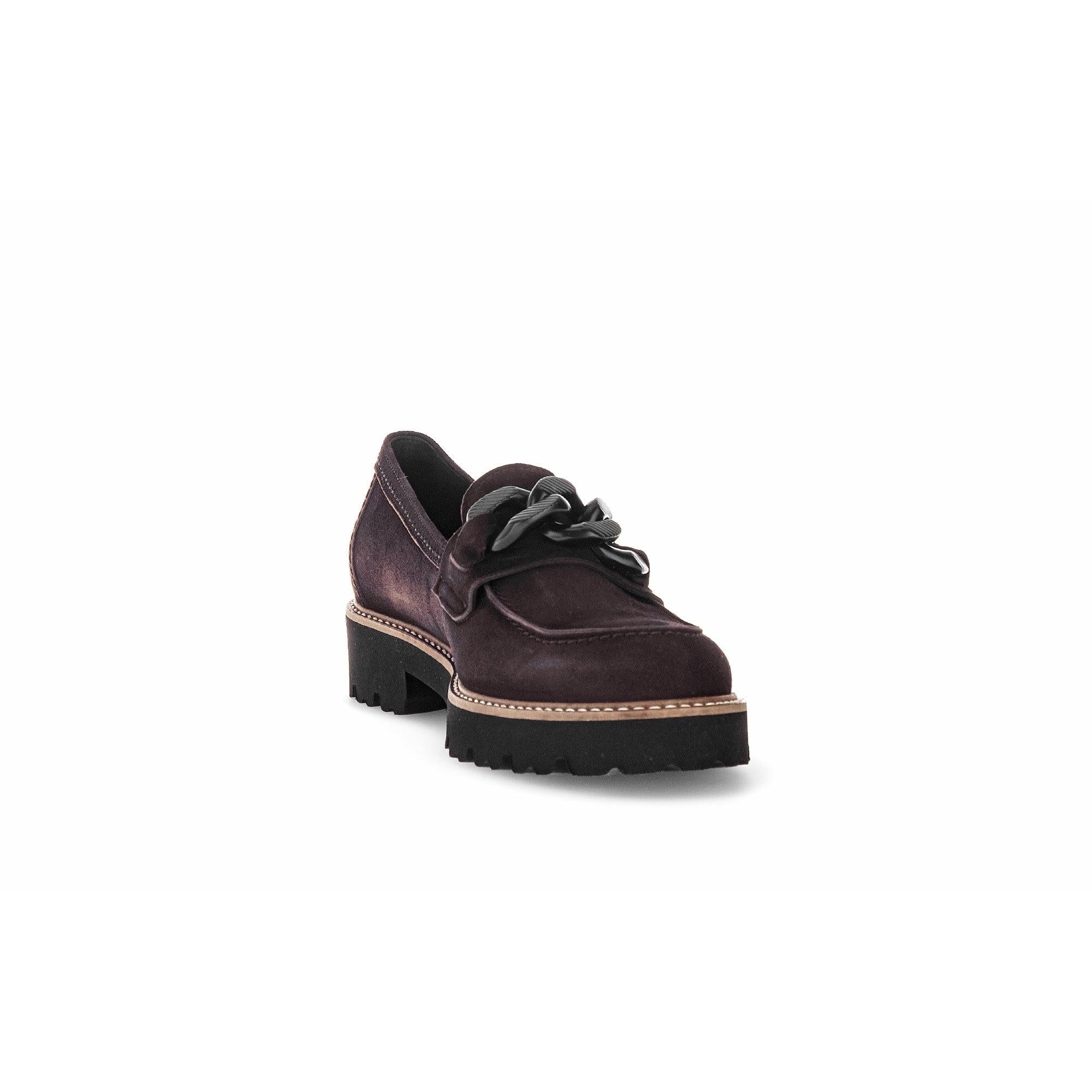 Gabor Ladies' Chocolate Brown Suede Slip-On Loafers with Chunky Black Heel and Threaded Sole Details.