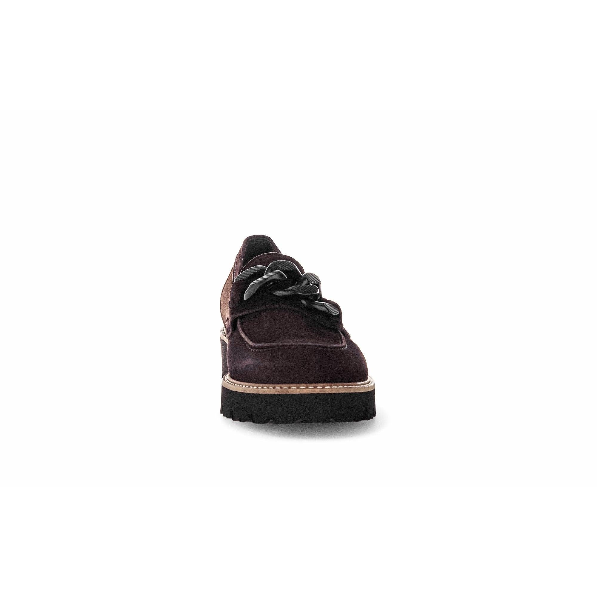 Gabor Ladies Chocolate Brown Suede Slip-On Loafers with black laces and chunky sole, stylish and comfortable footwear.