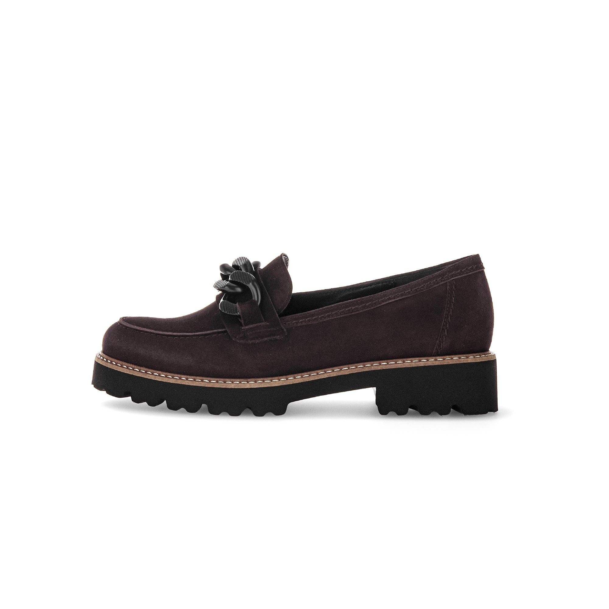 Gabor Ladies Chocolate Brown Suede Slip-On Loafers with bow detail and chunky black sole.