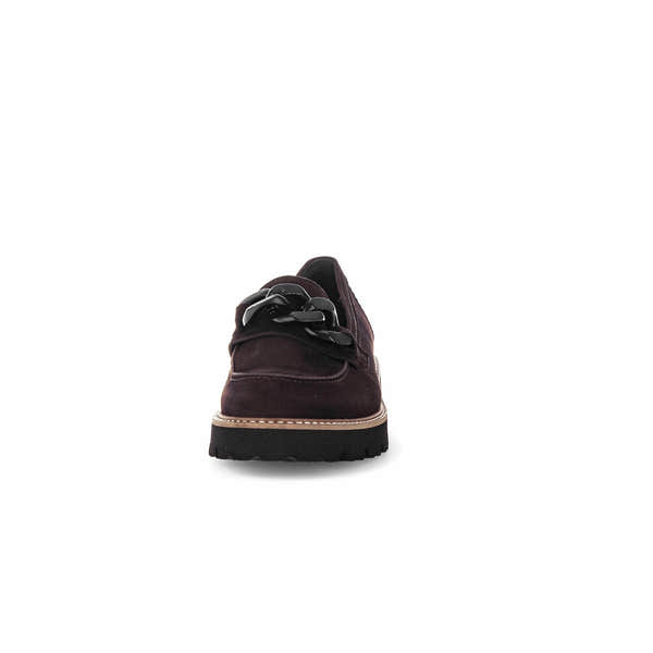 Gabor Ladies Chocolate Brown Suede Slip-On Loafers with black laces and rugged outsole, stylish and comfortable footwear.
