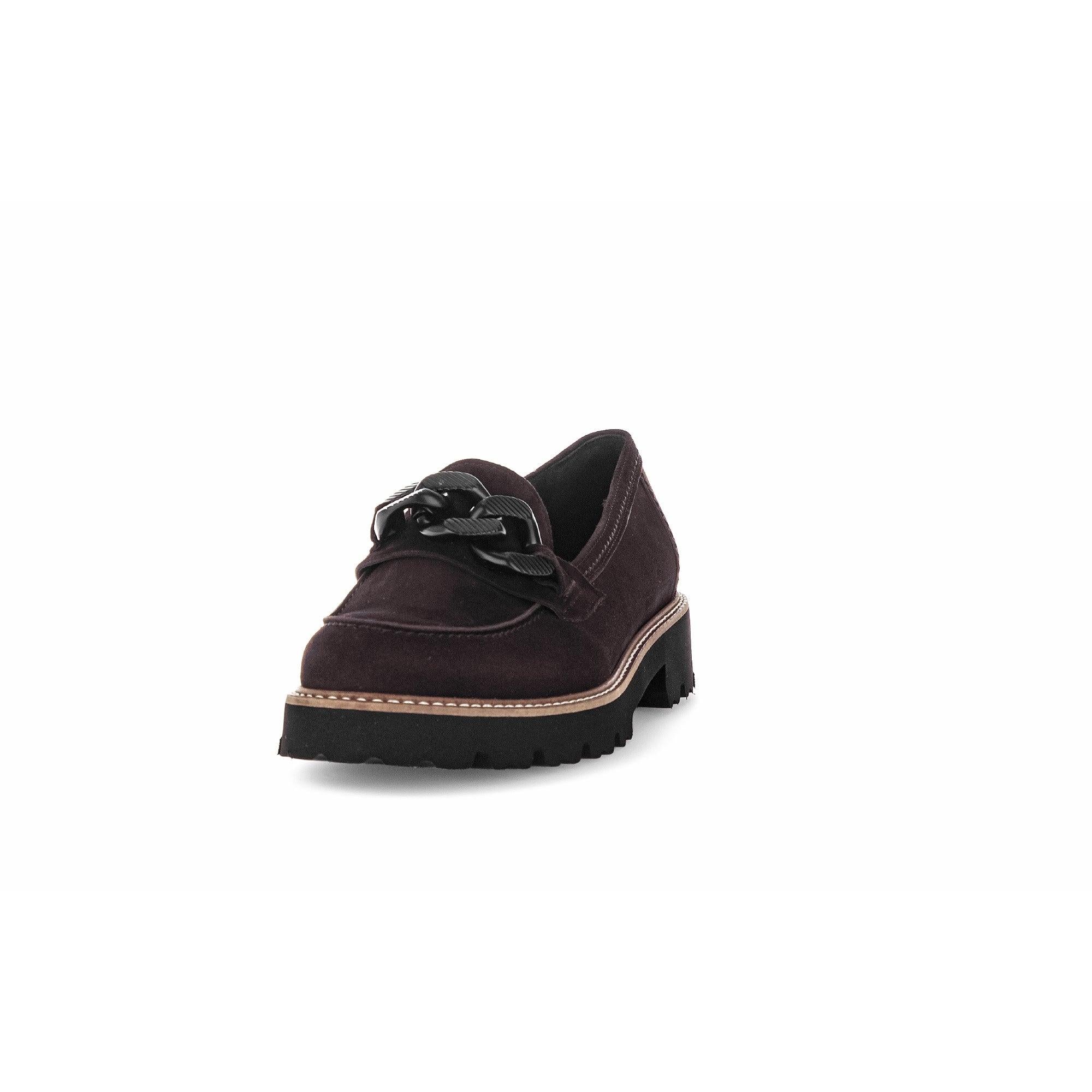 Gabor ladies' chocolate brown suede slip-on loafers with chunky black sole and chain detail.