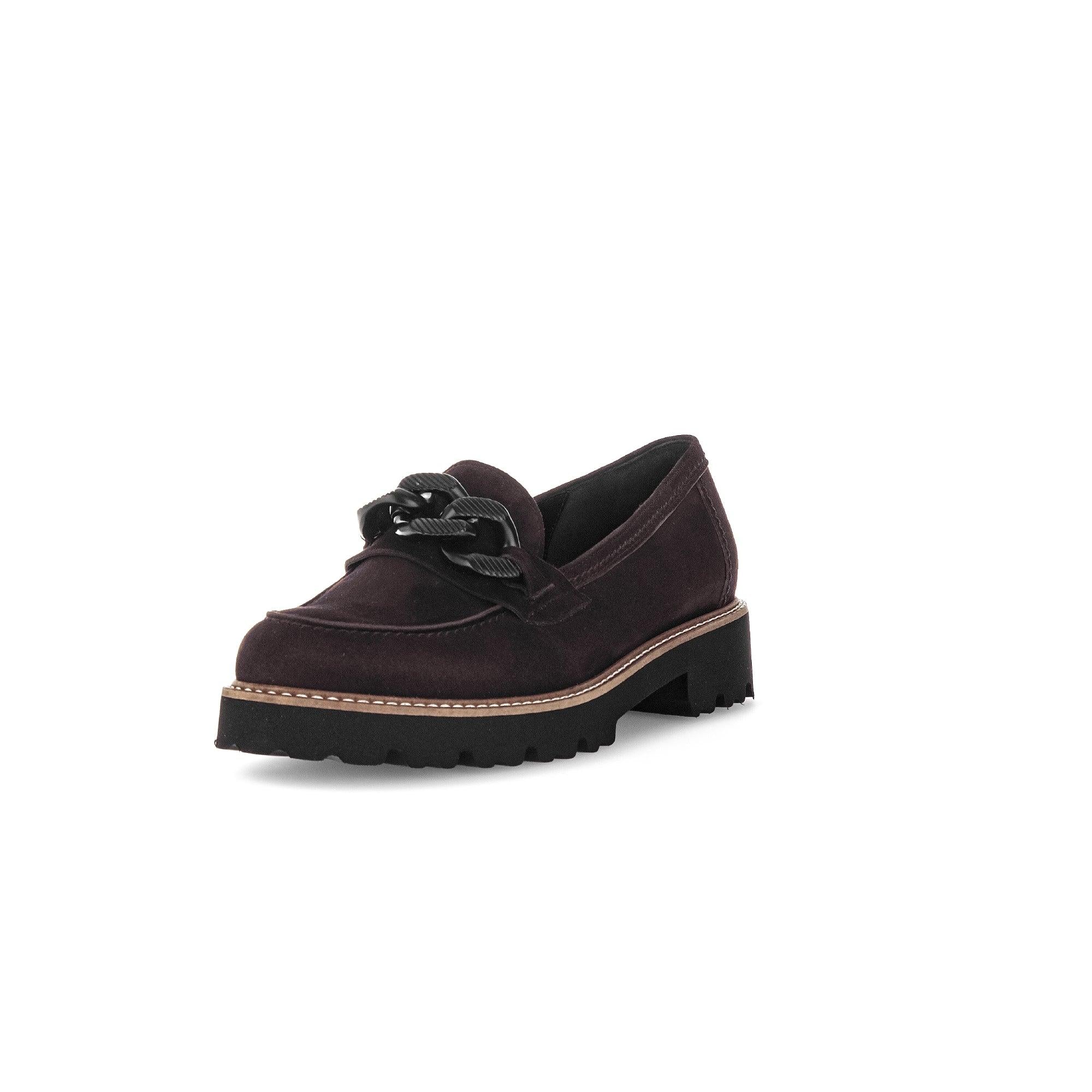 Gabor Ladies Squeeze Chocolate Brown Suede Slip-On Loafers with chunky heel and black laces.