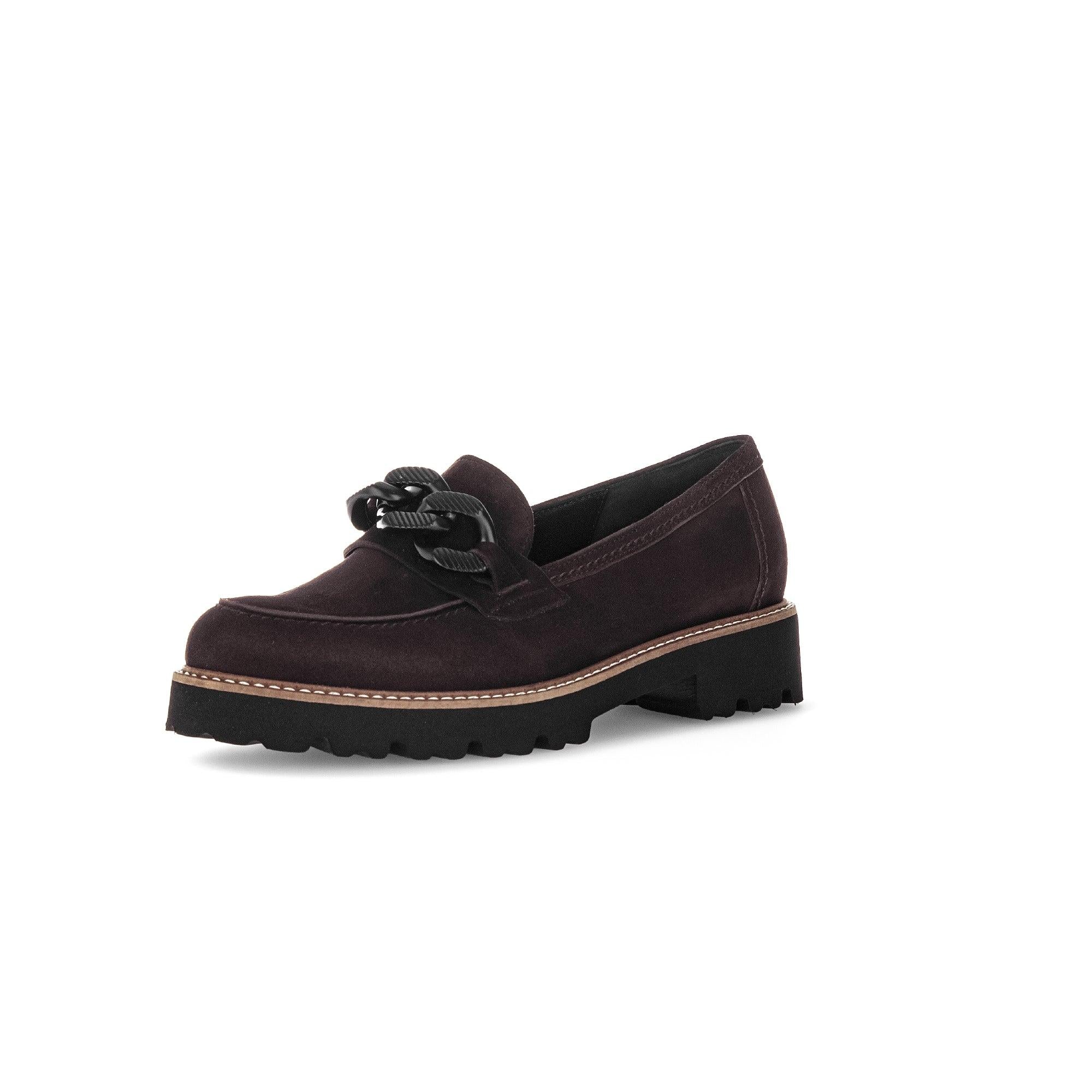 Gabor Women's Brown Suede Slip-On Loafers with Chain Detail and Chunky Heel, Stylish Comfort Shoe.