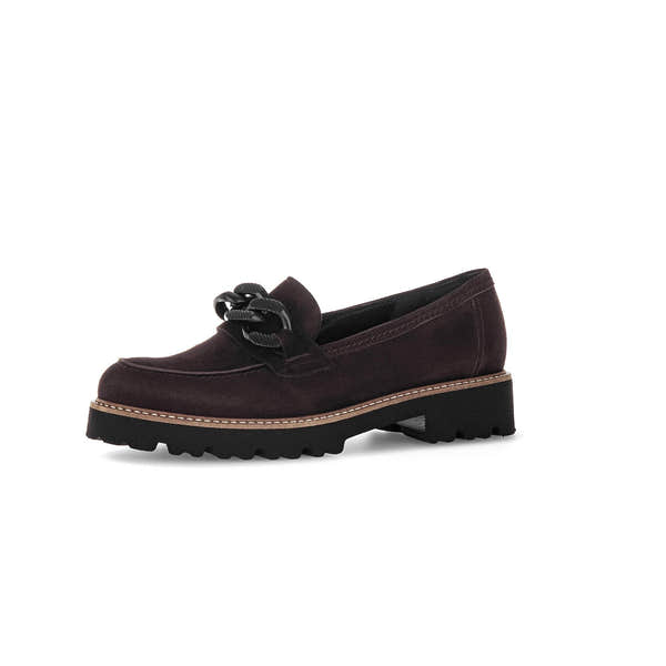 Gabor women's chocolate brown suede slip-on loafers with black chain detail and rugged rubber sole.