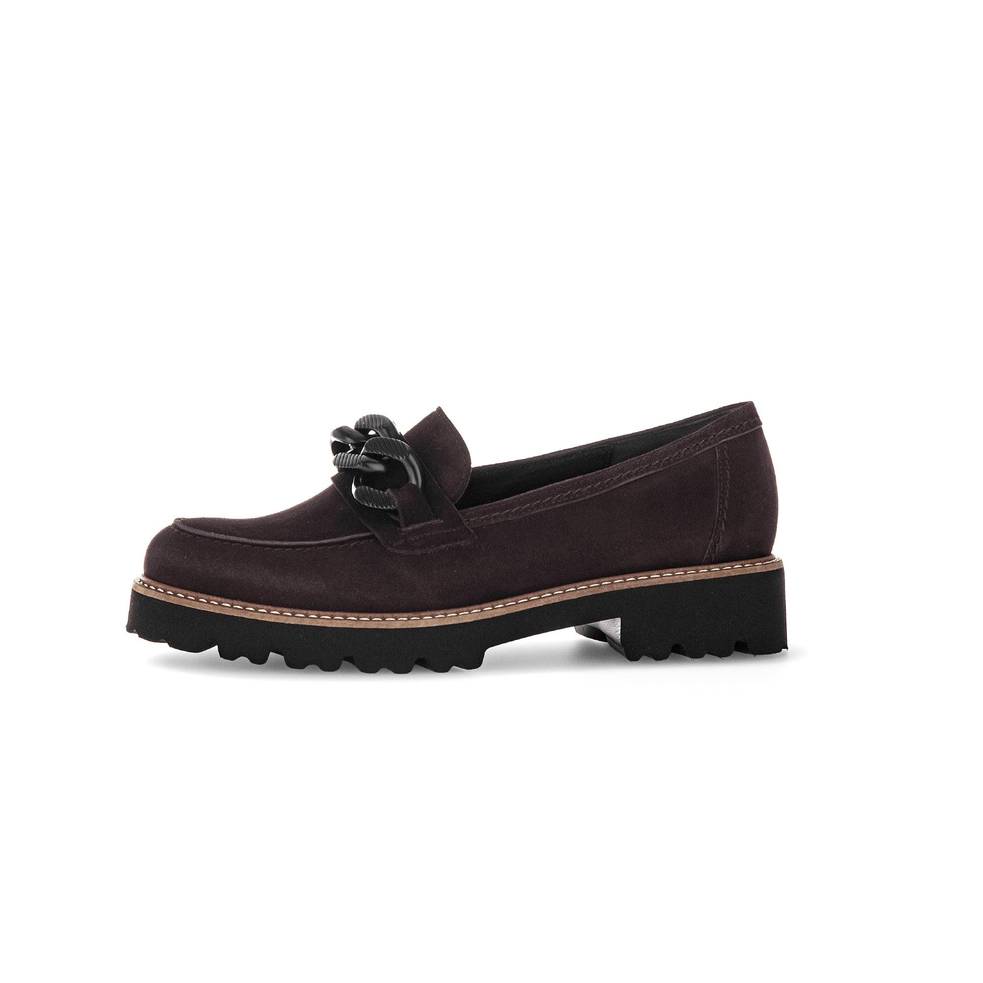 Gabor Ladies' chocolate brown suede slip-on loafers with decorative bow, chunky sole, and comfortable design.