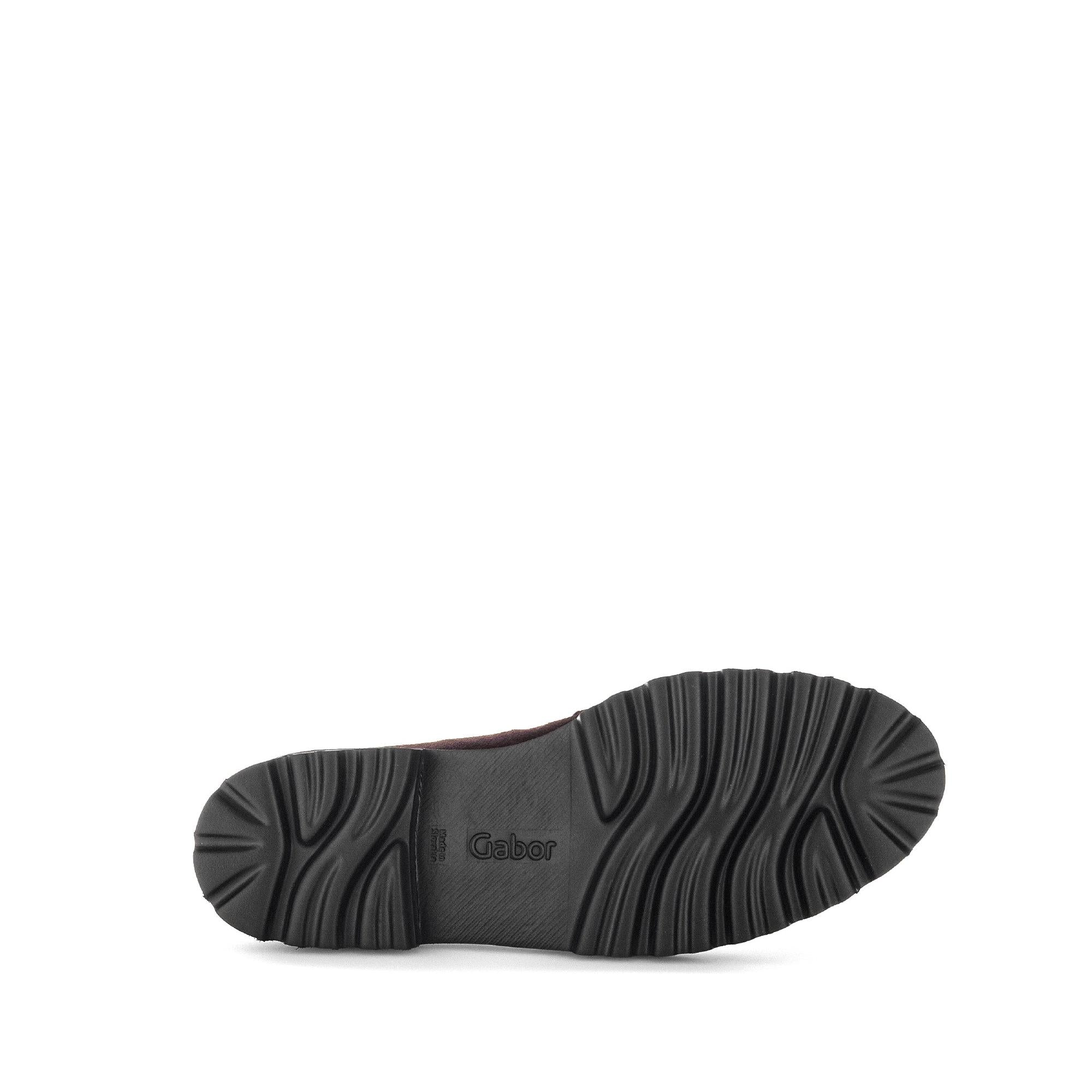 Gabor Ladies Chocolate Brown Suede Slip-On Loafers with cushioned soles and textured rubber outsoles for comfort and style.