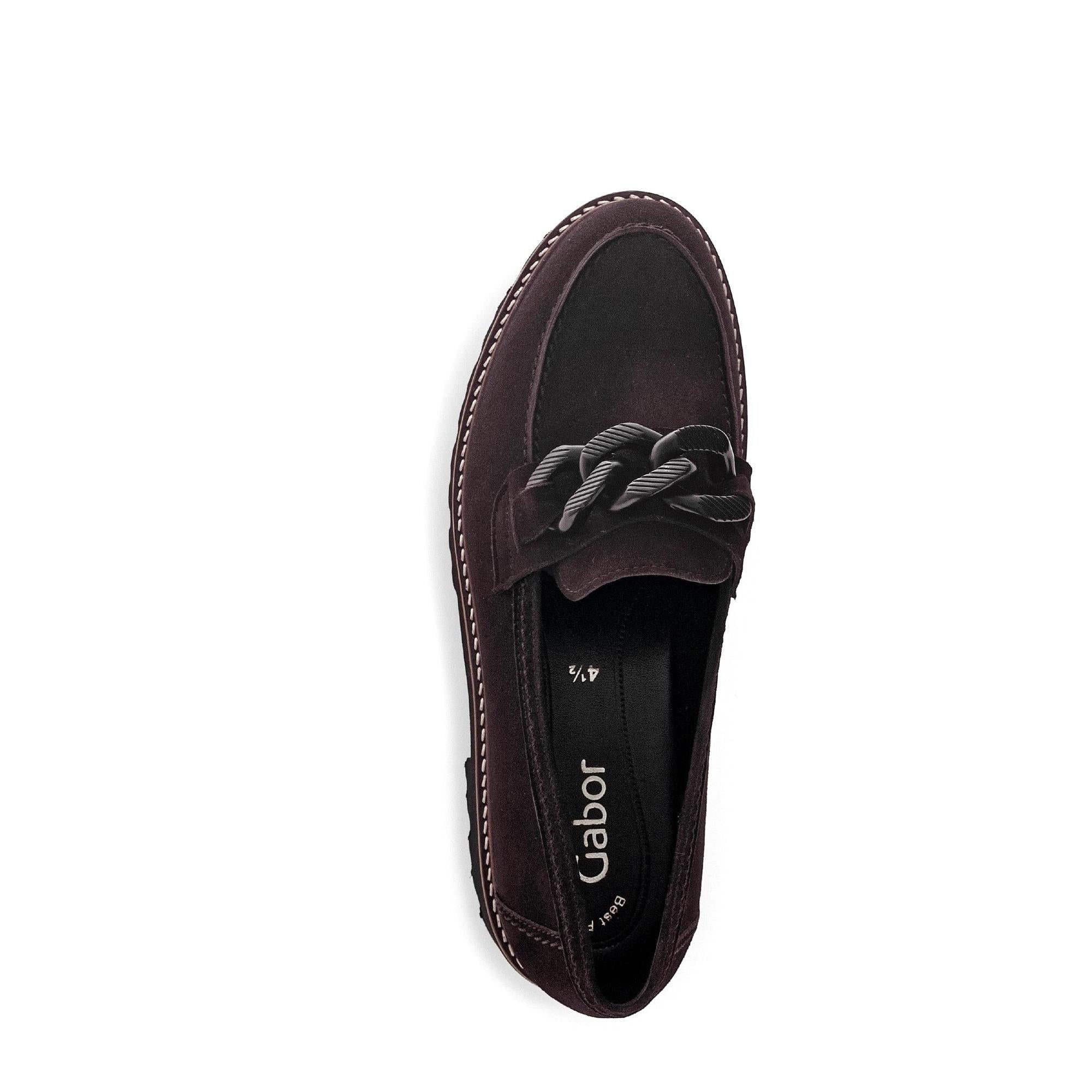 Gabor women's chocolate brown suede slip-on loafers with bow detail, 75.240.38 style, stylish and comfortable footwear.