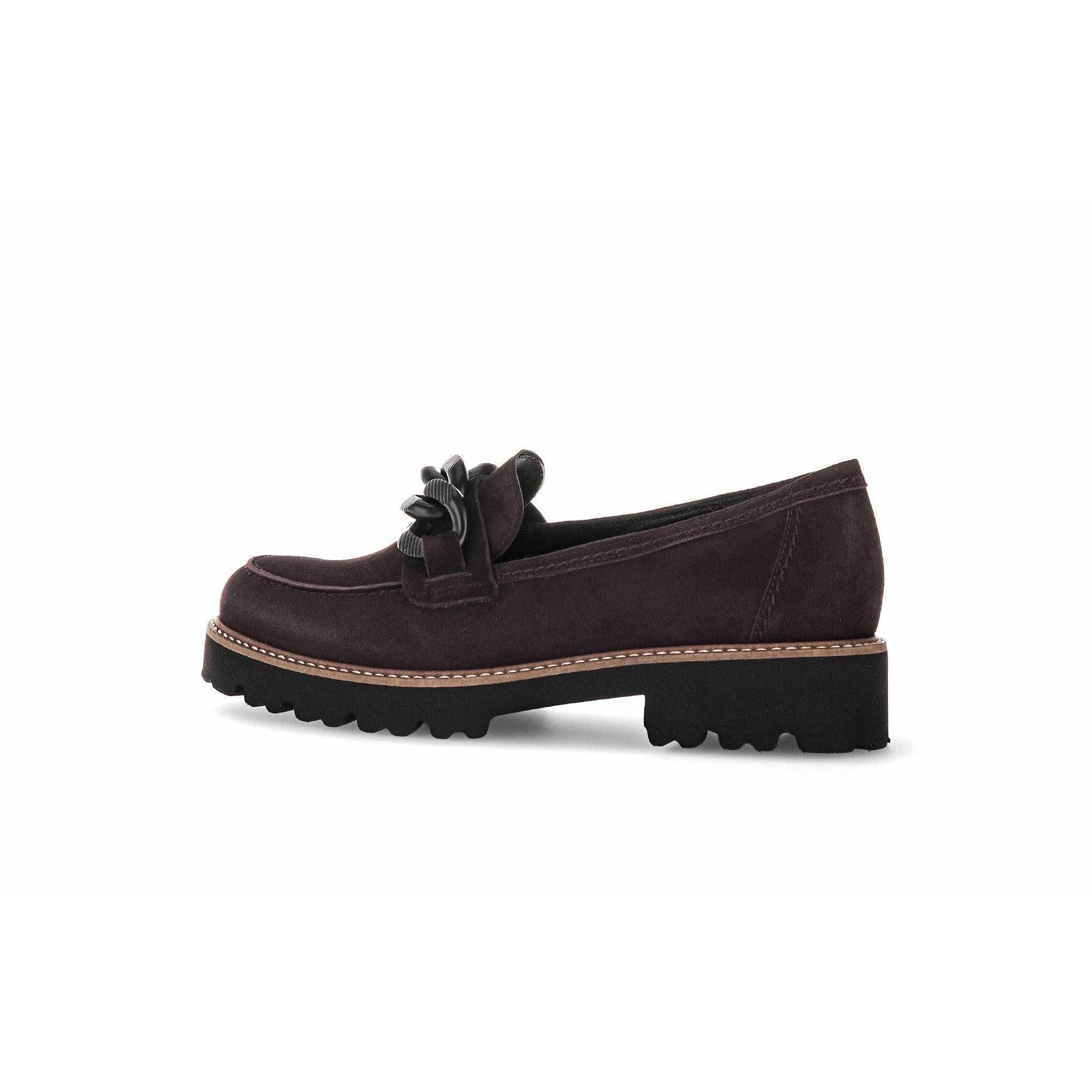 Gabor women's slip-on loafers in chocolate brown suede with a decorative bow and rugged black sole.