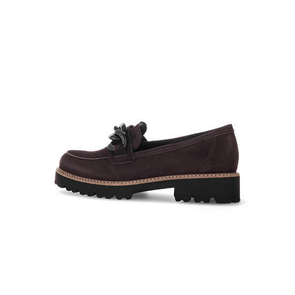 Gabor women's slip-on loafers in chocolate brown suede with a decorative bow and rugged black sole.