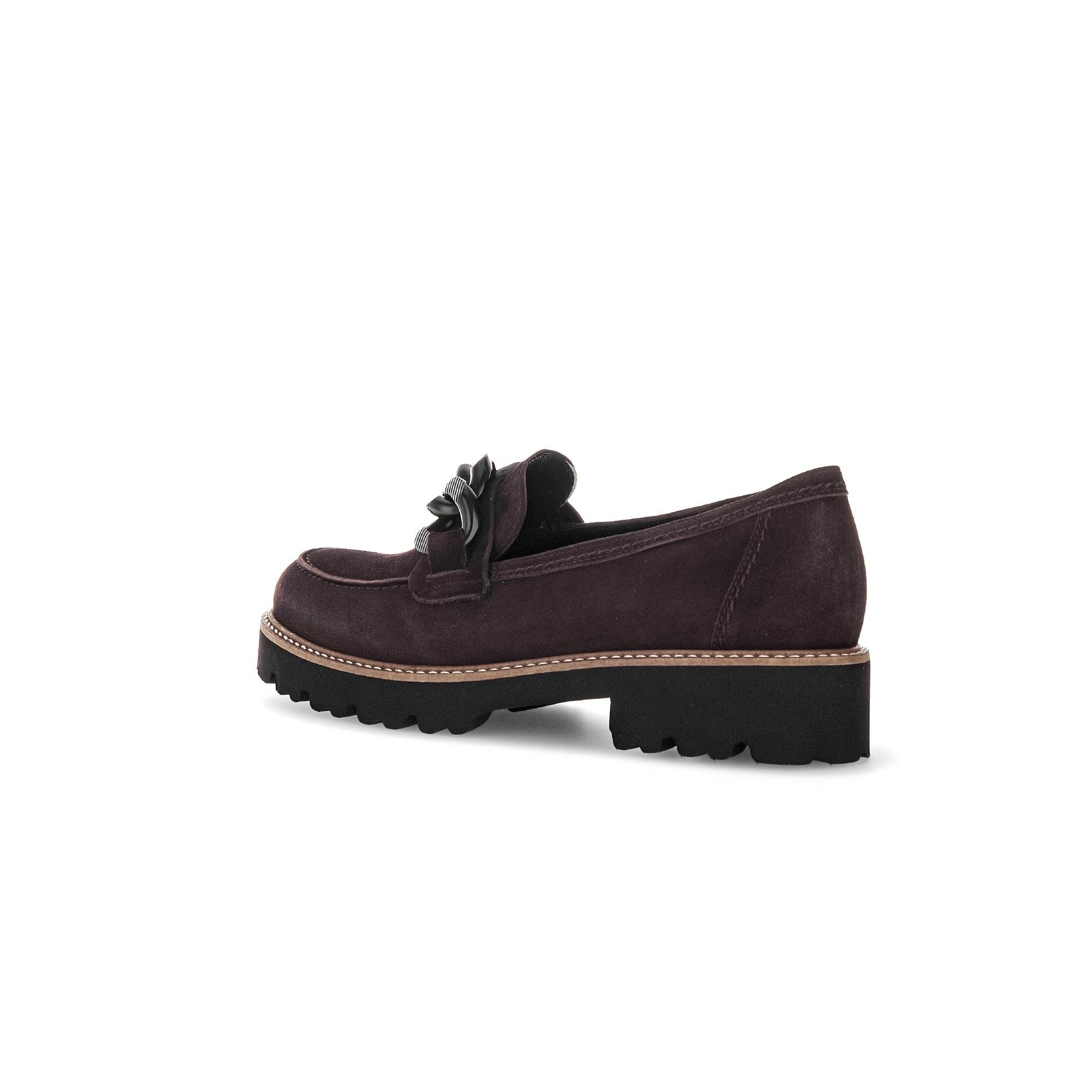 Gabor Ladies' Chocolate Brown Suede Slip-On Loafers with a chunky outsole and bow detail, stylish and comfortable footwear.