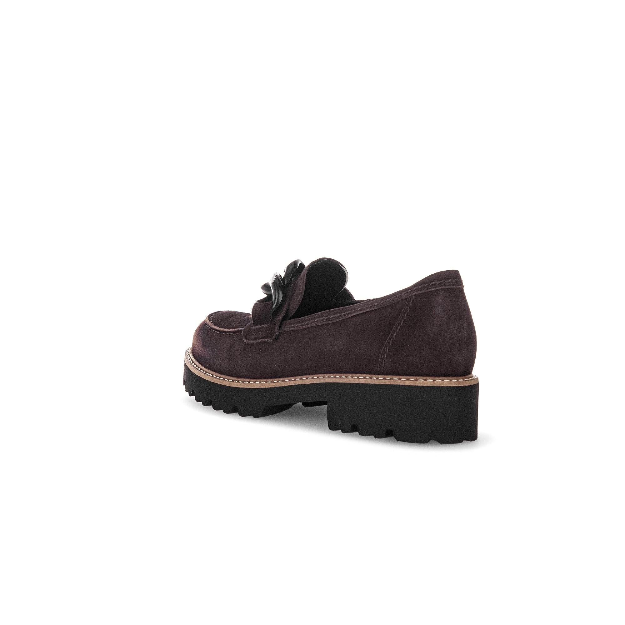 Gabor ladies' chocolate brown suede slip-on loafer with chunky black sole and decorative black bow detail.